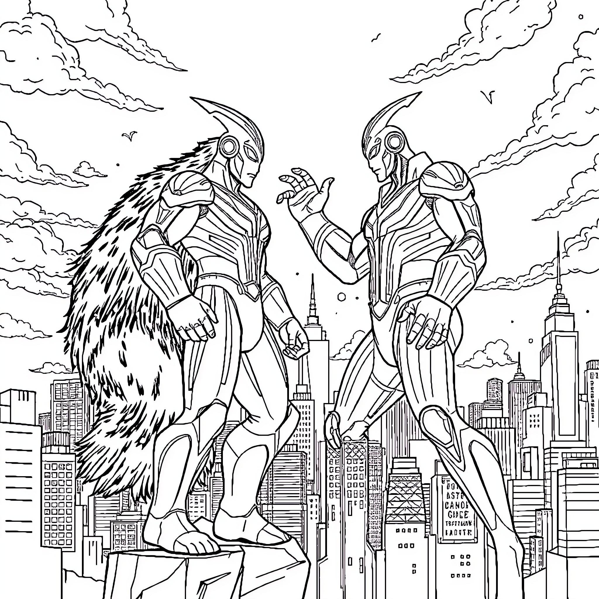 Ultraman Clash Over Futuristic City Coloring Page (free black-and-white line drawing printable PDF for all, from beginners to advanced learners, including children, teens, adults, and seniors)