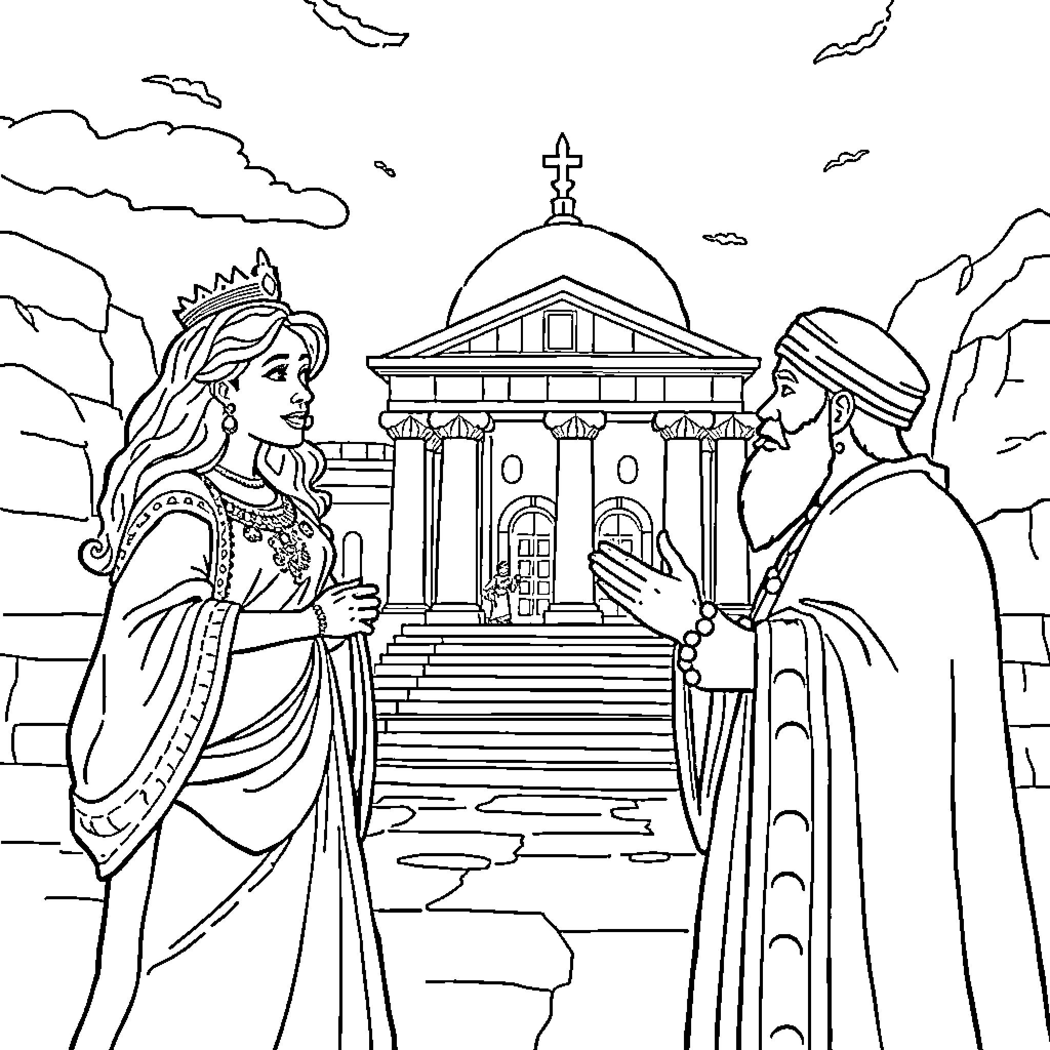 Esther's Royal Audience with the King Coloring Page (free black-and-white line drawing printable PDF for all, from beginners to advanced learners, including children, teens, adults, and seniors)