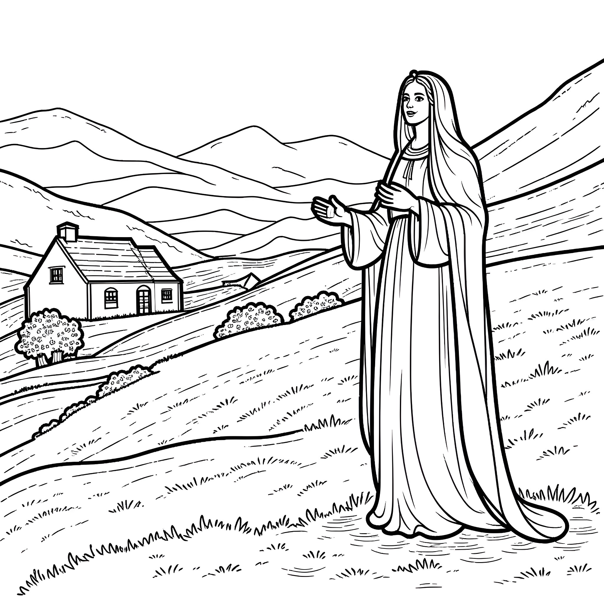 Madonna in Serene Mountain Landscape Coloring Page (free black-and-white line drawing printable PDF for all, from beginners to advanced learners, including children, teens, adults, and seniors)