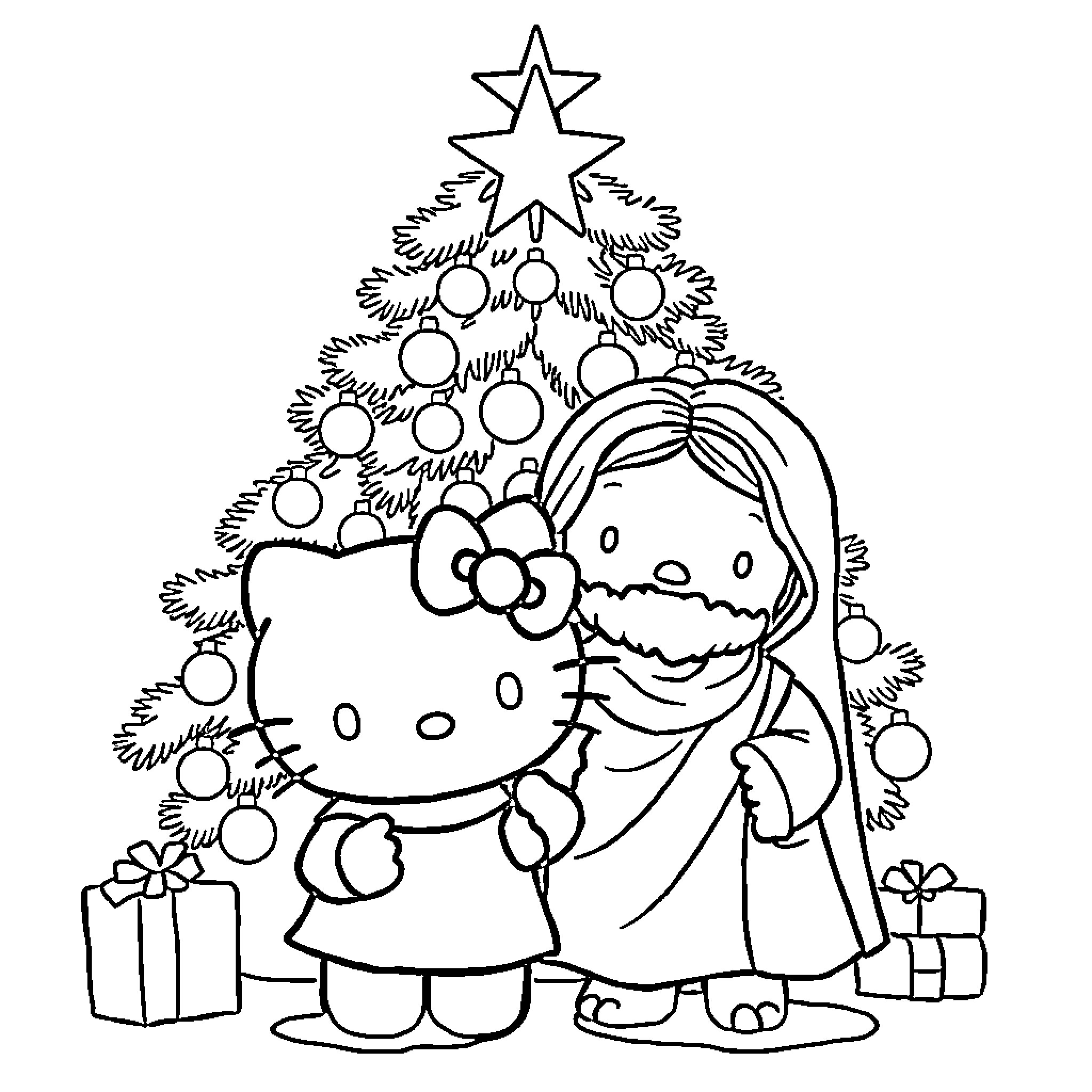 Hello Kitty posing by a Christmas tree Coloring Page (free black-and-white line drawing printable PDF for all, from beginners to advanced learners, including children, teens, adults, and seniors)