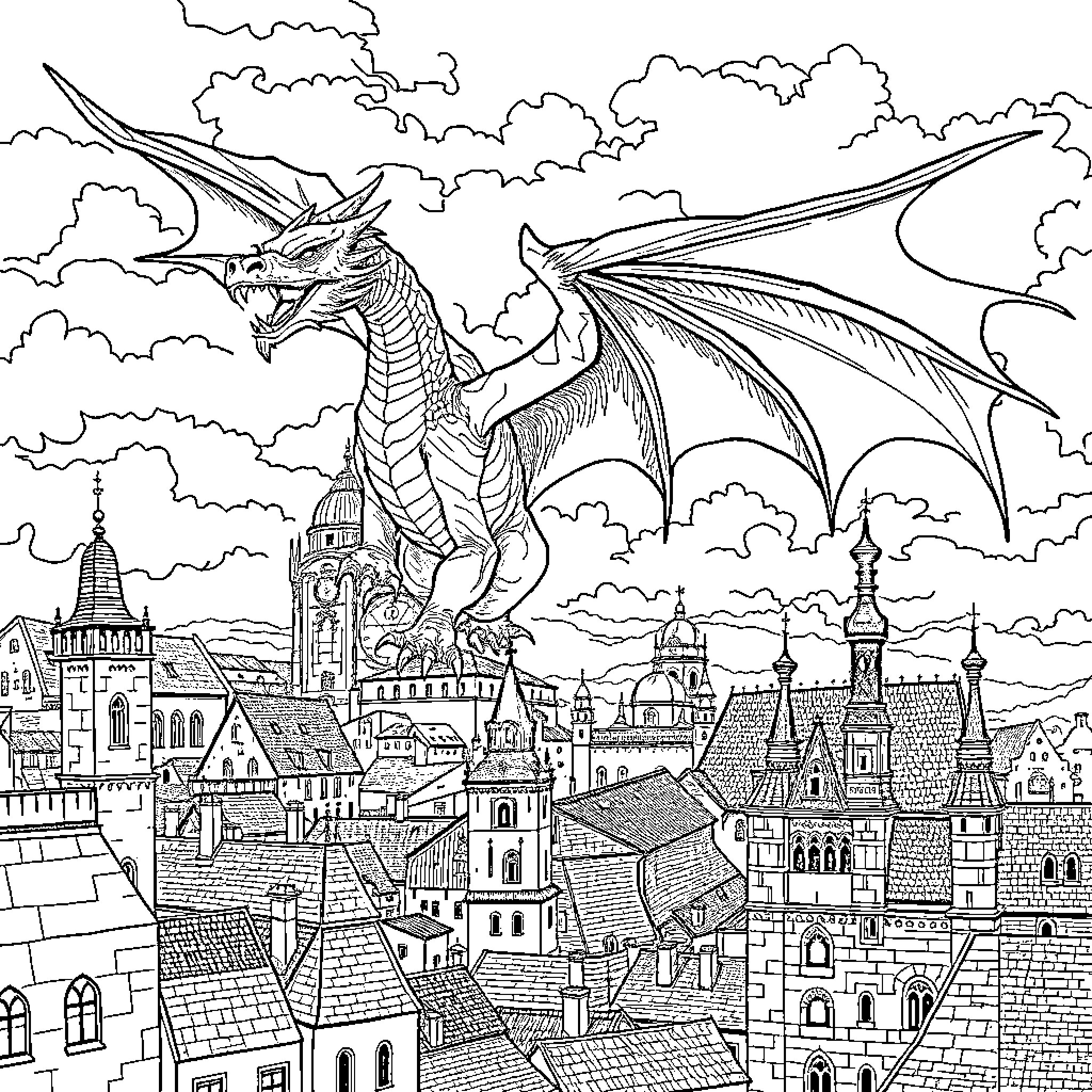Dragon soaring over a medieval fantasy city Coloring Page (free black-and-white line drawing printable PDF for all, from beginners to advanced learners, including children, teens, adults, and seniors)