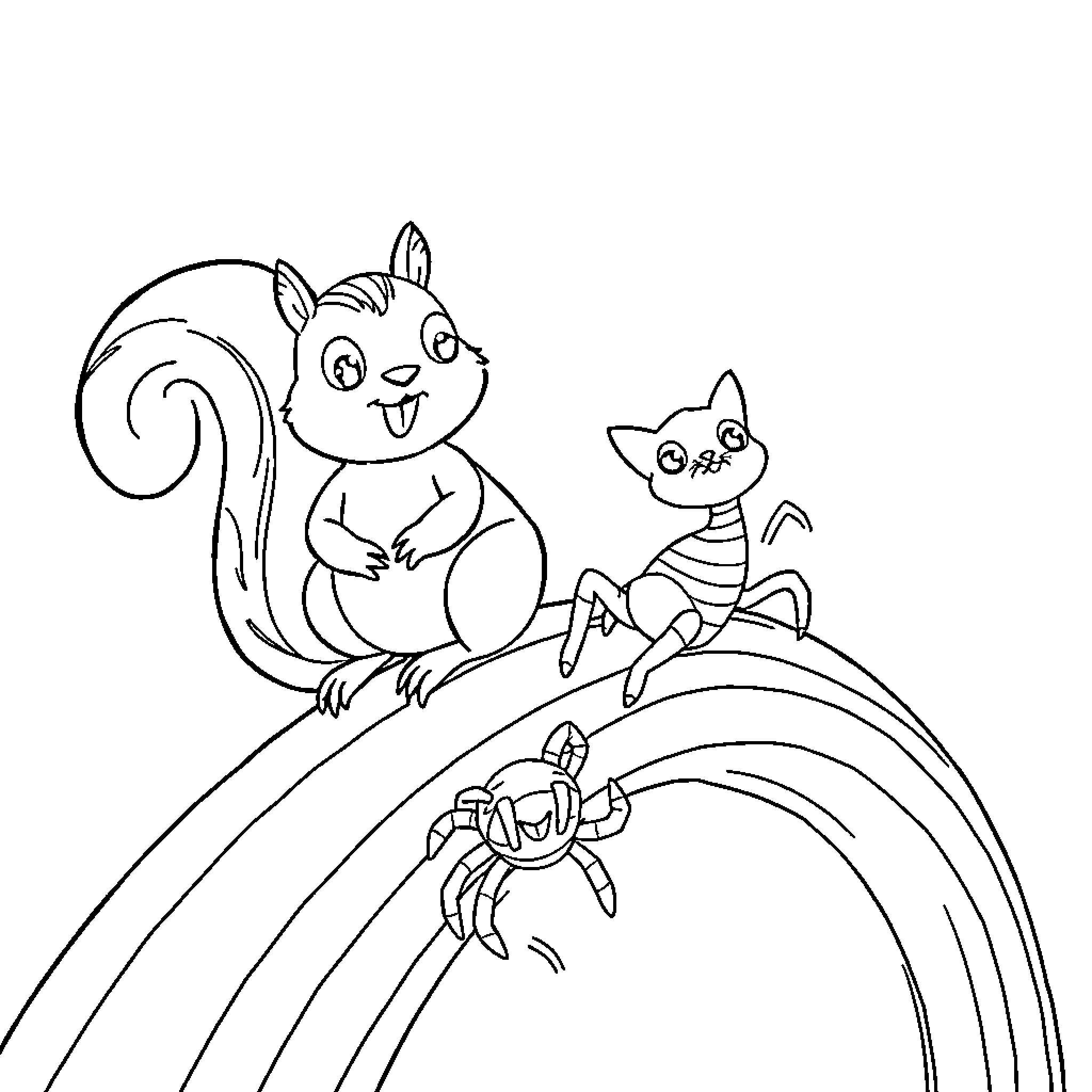 Squirrel and friends explore playful woodland Coloring Page (free black-and-white line drawing printable PDF for all, from beginners to advanced learners, including children, teens, adults, and seniors)