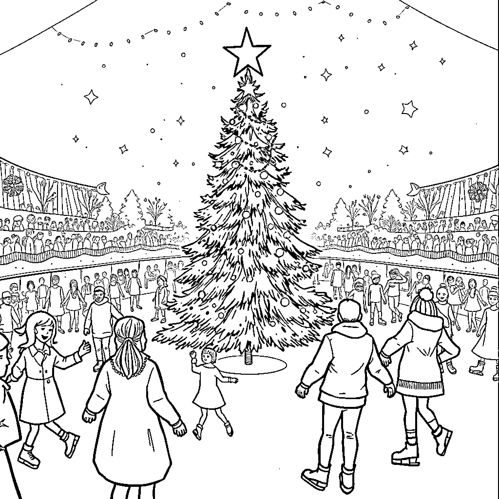 Christmas Tree Celebration in the Village Coloring Page (free black-and-white line drawing printable PDF for all, from beginners to advanced learners, including children, teens, adults, and seniors)