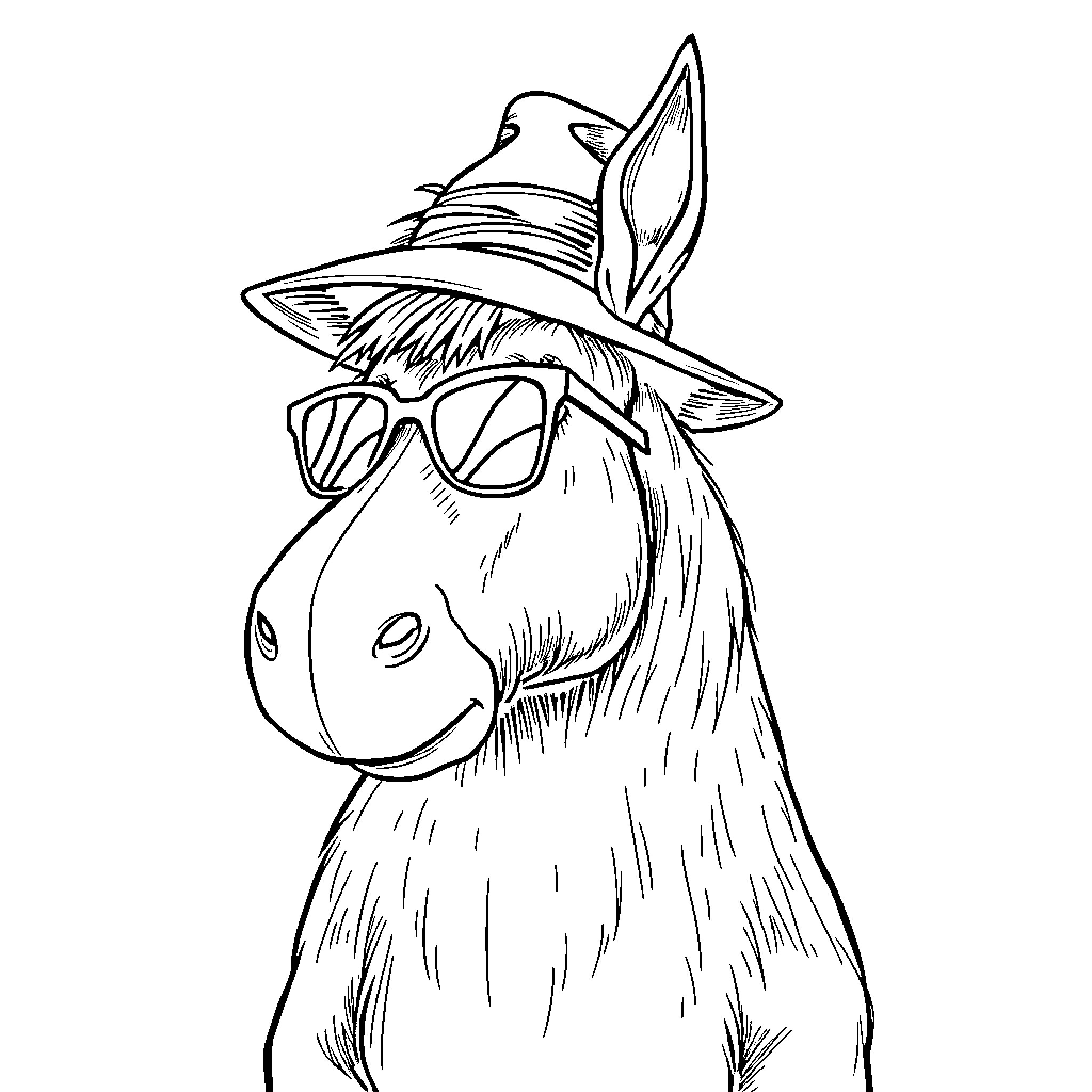 Eeyore wearing a hat and sunglasses Coloring Page (free black-and-white line drawing printable PDF for all, from beginners to advanced learners, including children, teens, adults, and seniors)
