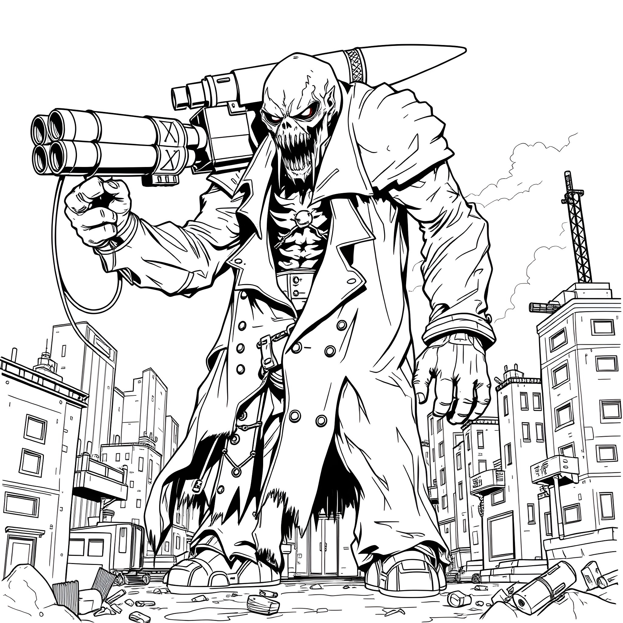 Nemesis: Mutant Villain Terrorizing City Coloring Page (free black-and-white line drawing printable PDF for all, from beginners to advanced learners, including children, teens, adults, and seniors)