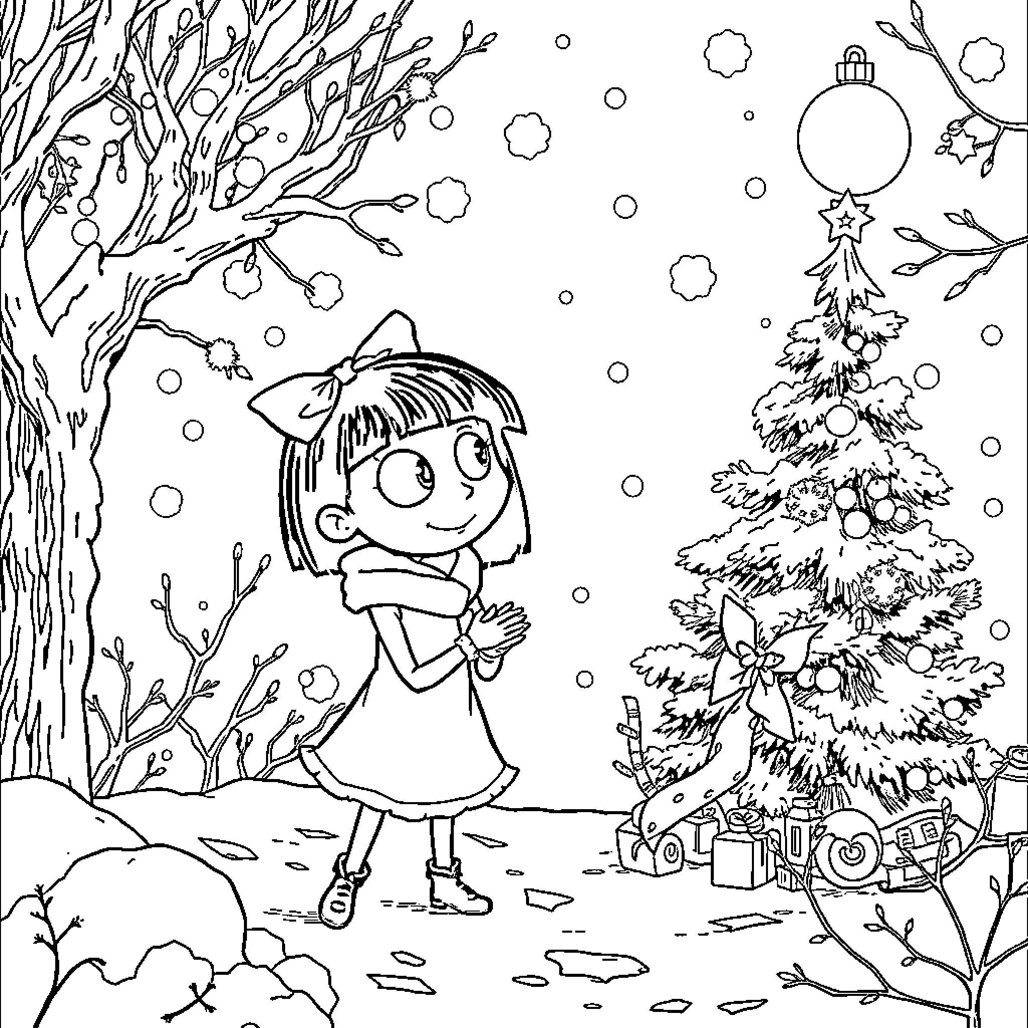 Coraline enjoying winter wonderland with Christmas tree Coloring Page (free black-and-white line drawing printable PDF for all, from beginners to advanced learners, including children, teens, adults, and seniors)
