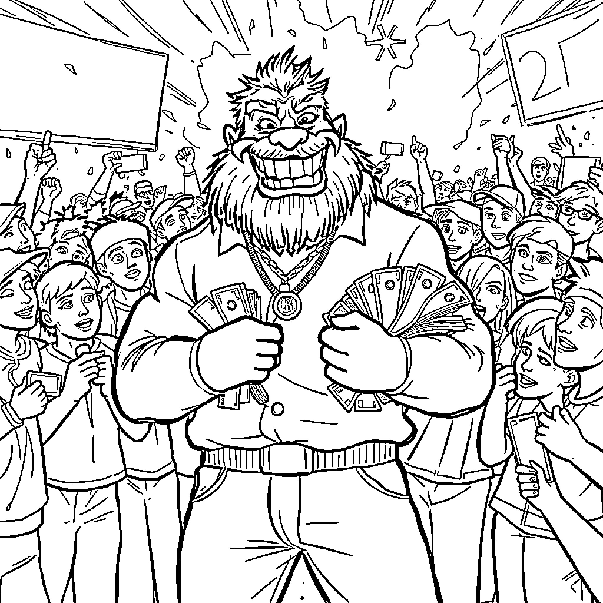 Mr Beast Celebrates With Enthusiastic Crowd Coloring Page (free black-and-white line drawing printable PDF for all, from beginners to advanced learners, including children, teens, adults, and seniors)