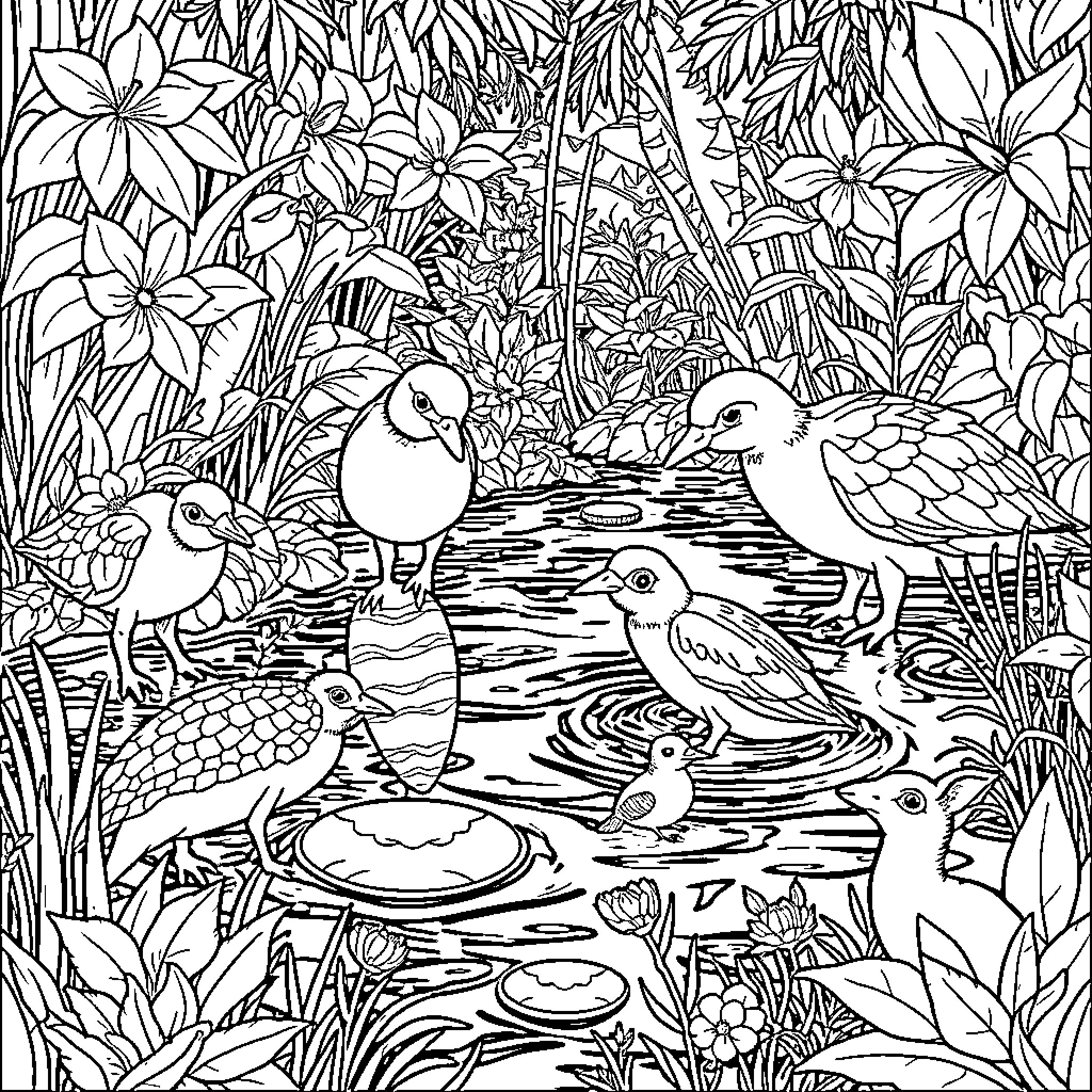 Pond with colorful birds and animals in lush garden Coloring Page (free black-and-white line drawing printable PDF for all, from beginners to advanced learners, including children, teens, adults, and seniors)