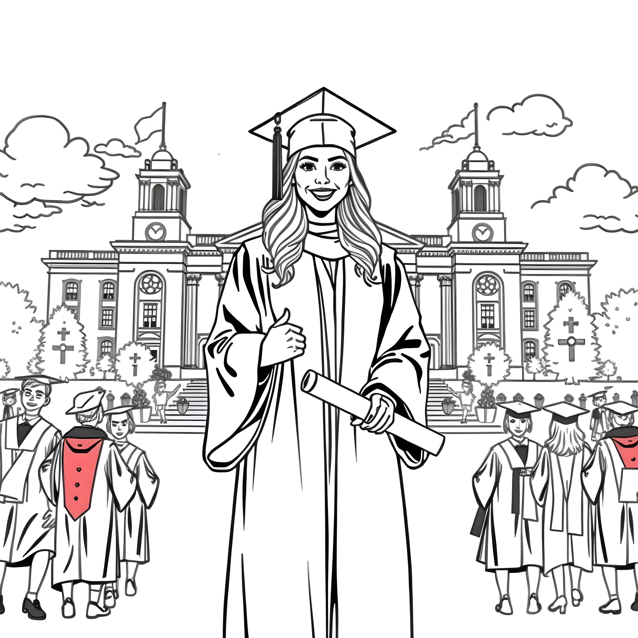 Woman Graduating with Diploma in Front of University Coloring Page (free black-and-white line drawing printable PDF for all, from beginners to advanced learners, including children, teens, adults, and seniors)
