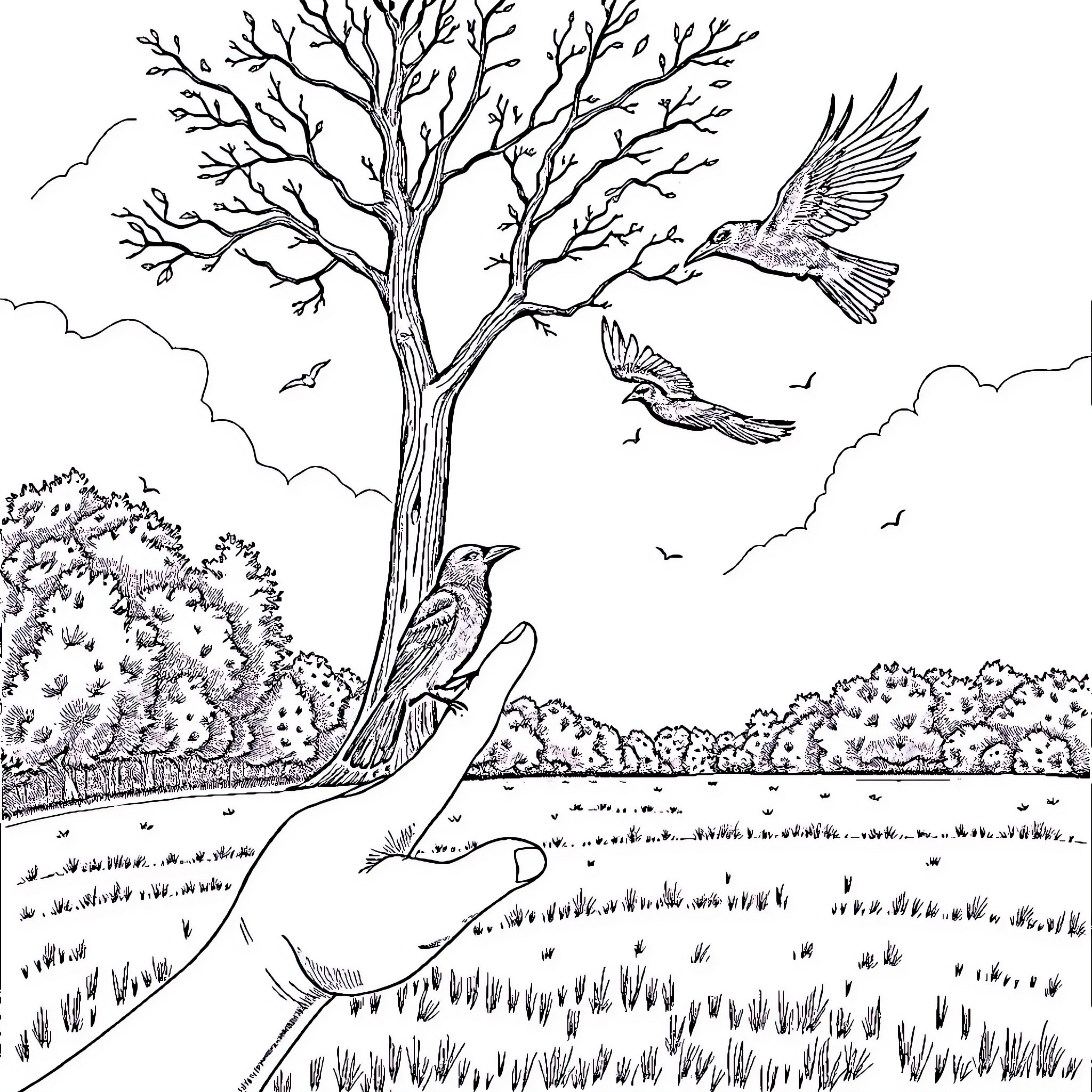 Crow taking flight among bare-branched trees Coloring Page (free black-and-white line drawing printable PDF for all, from beginners to advanced learners, including children, teens, adults, and seniors)