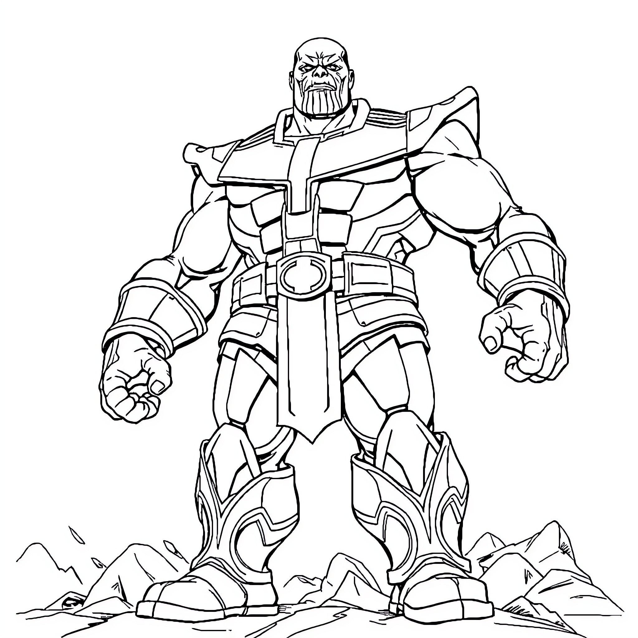Thanos, the Mighty Cosmic Warlord Coloring Page (free black-and-white line drawing printable PDF for all, from beginners to advanced learners, including children, teens, adults, and seniors)