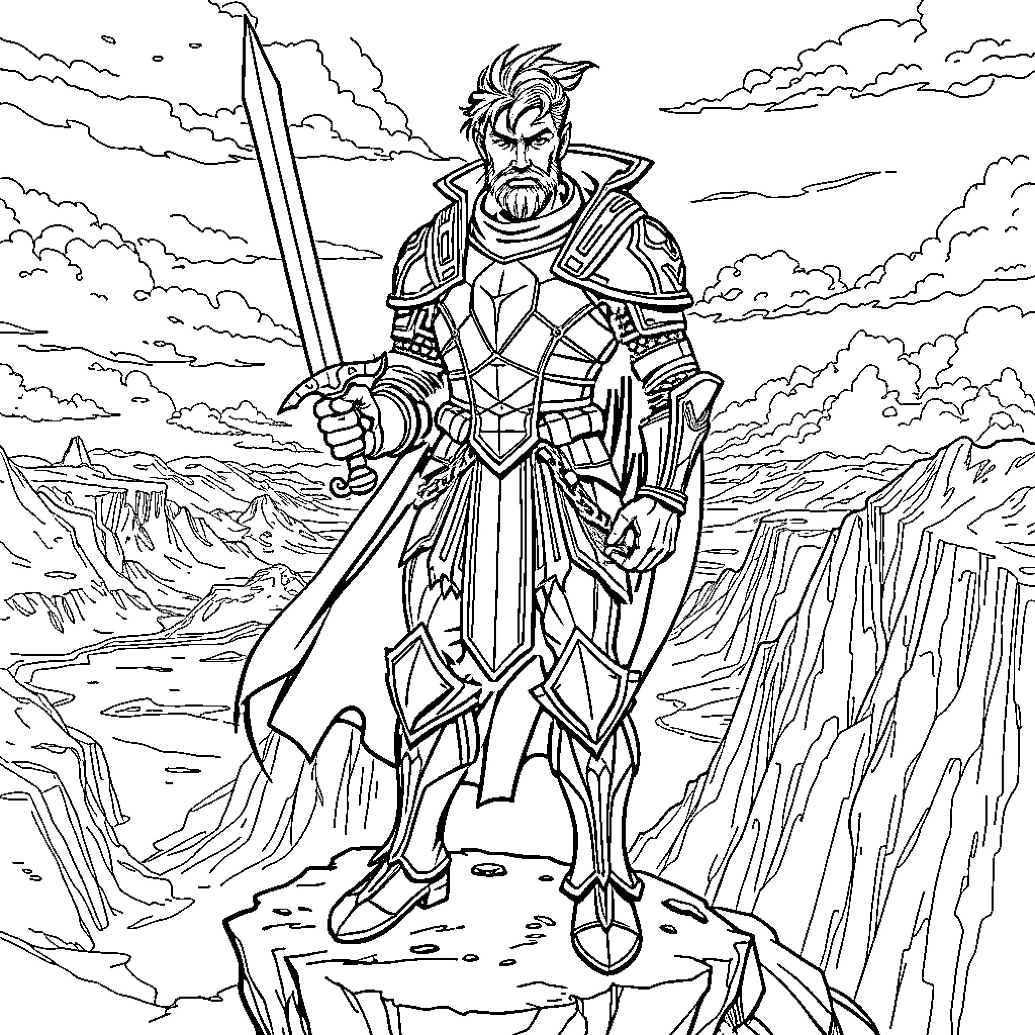 Hero stands triumphantly on a rocky outcrop Coloring Page (free black-and-white line drawing printable PDF for all, from beginners to advanced learners, including children, teens, adults, and seniors)