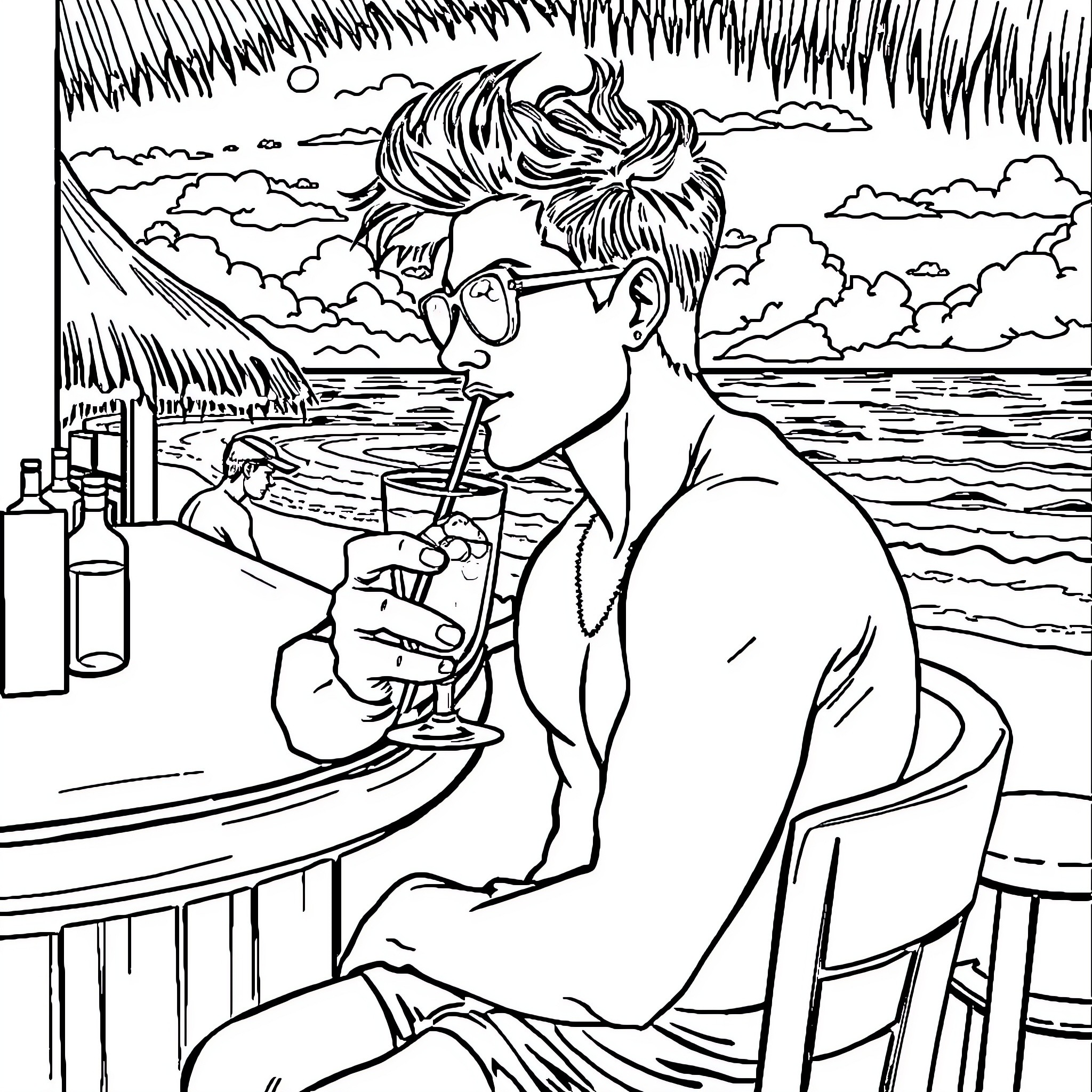 Guy drinking cocktail by the ocean Coloring Page (free black-and-white line drawing printable PDF for all, from beginners to advanced learners, including children, teens, adults, and seniors)