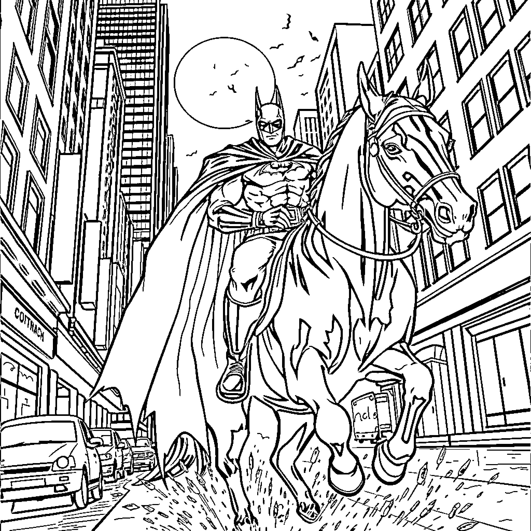 Batman riding a horse through the city streets Coloring Page (free black-and-white line drawing printable PDF for all, from beginners to advanced learners, including children, teens, adults, and seniors)