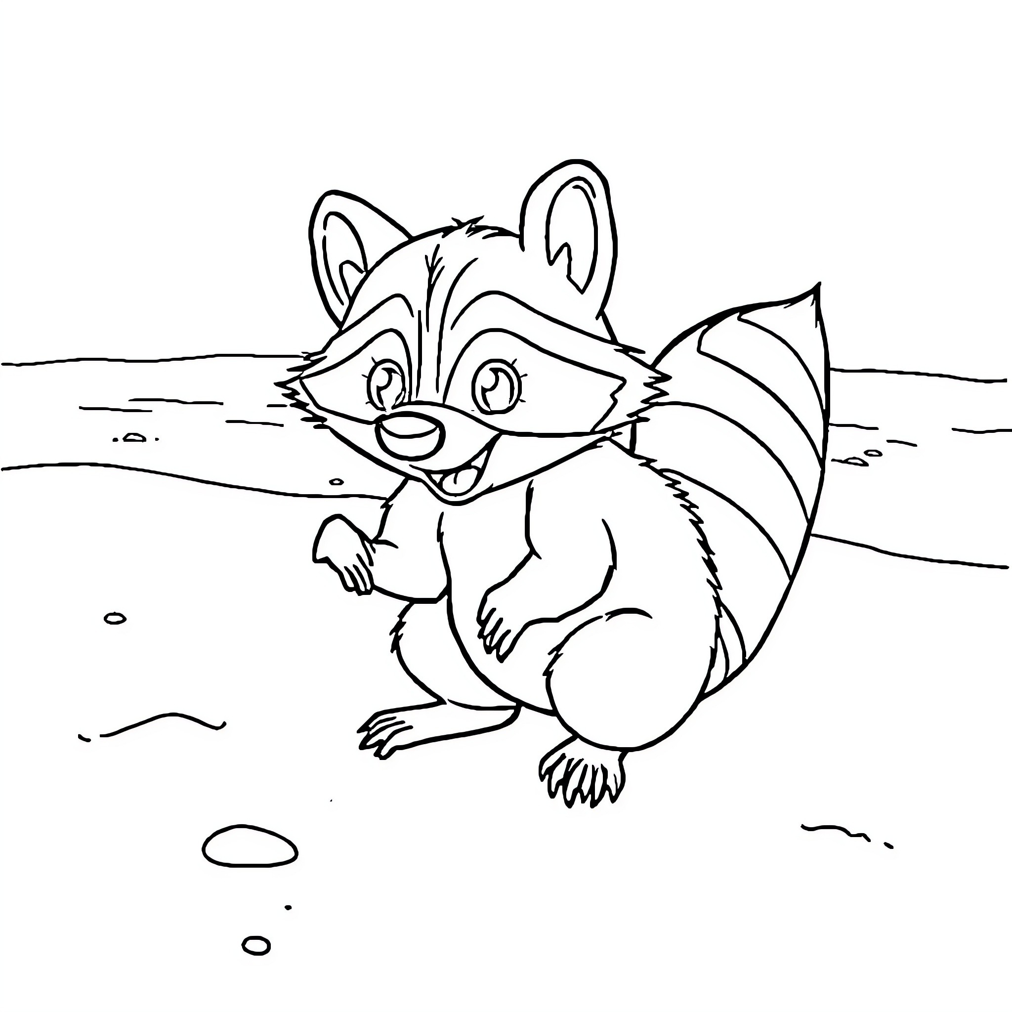 Meeko the Playful Raccoon in the Wilderness Coloring Page (free black-and-white line drawing printable PDF for all, from beginners to advanced learners, including children, teens, adults, and seniors)