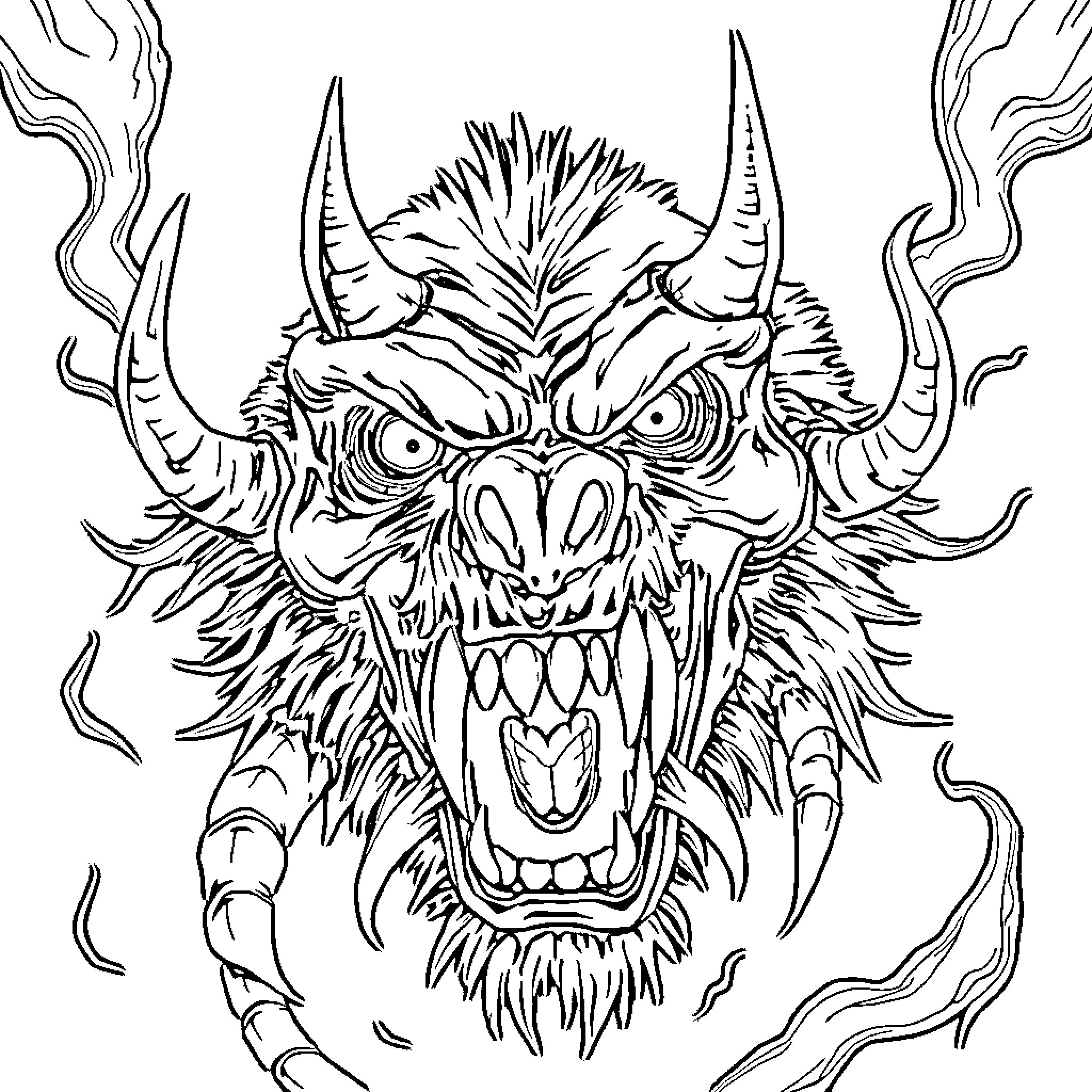 Monster with Fierce Facial Expression Coloring Page (free black-and-white line drawing printable PDF for all, from beginners to advanced learners, including children, teens, adults, and seniors)