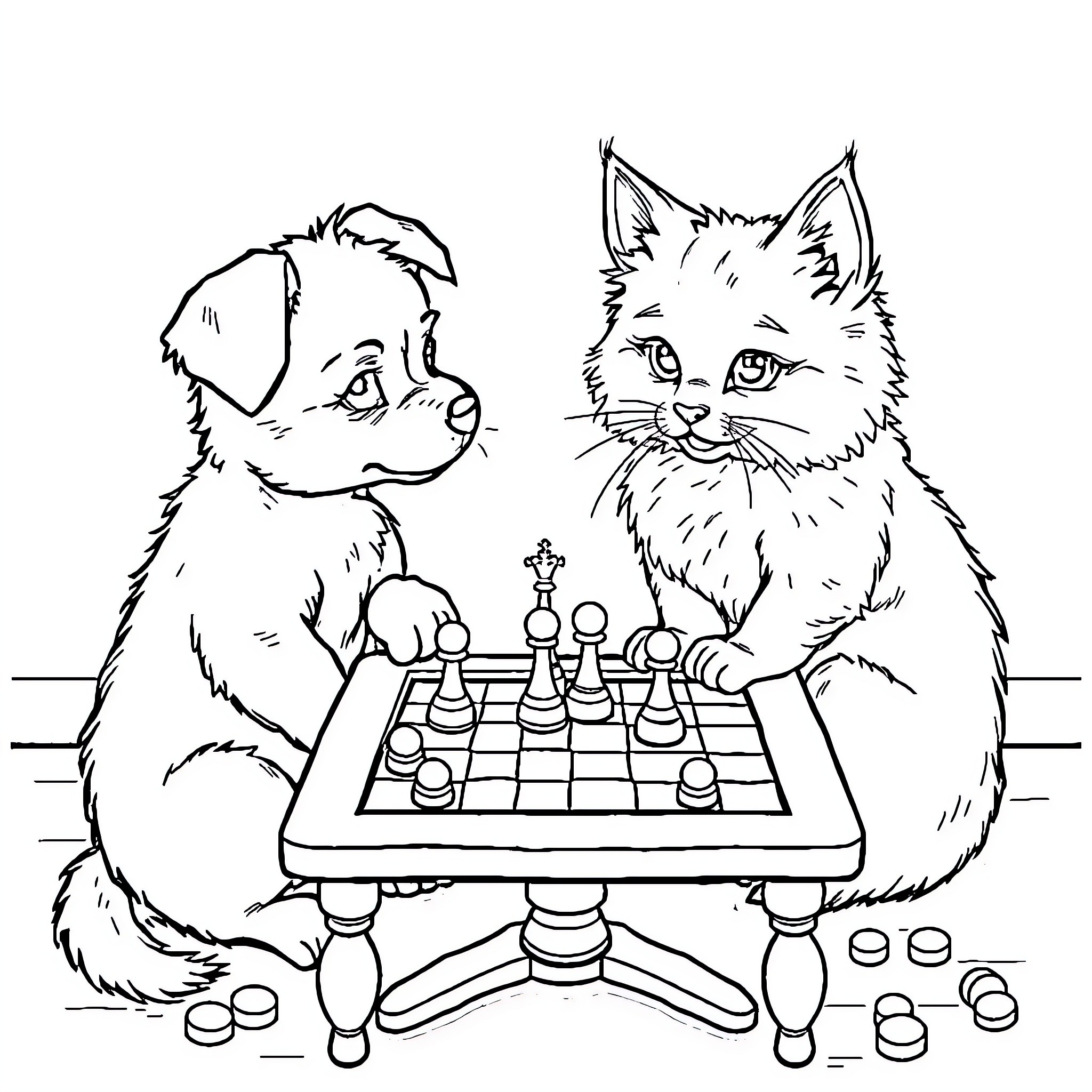 Dog and cat playing chess together Coloring Page (free black-and-white line drawing printable PDF for all, from beginners to advanced learners, including children, teens, adults, and seniors)