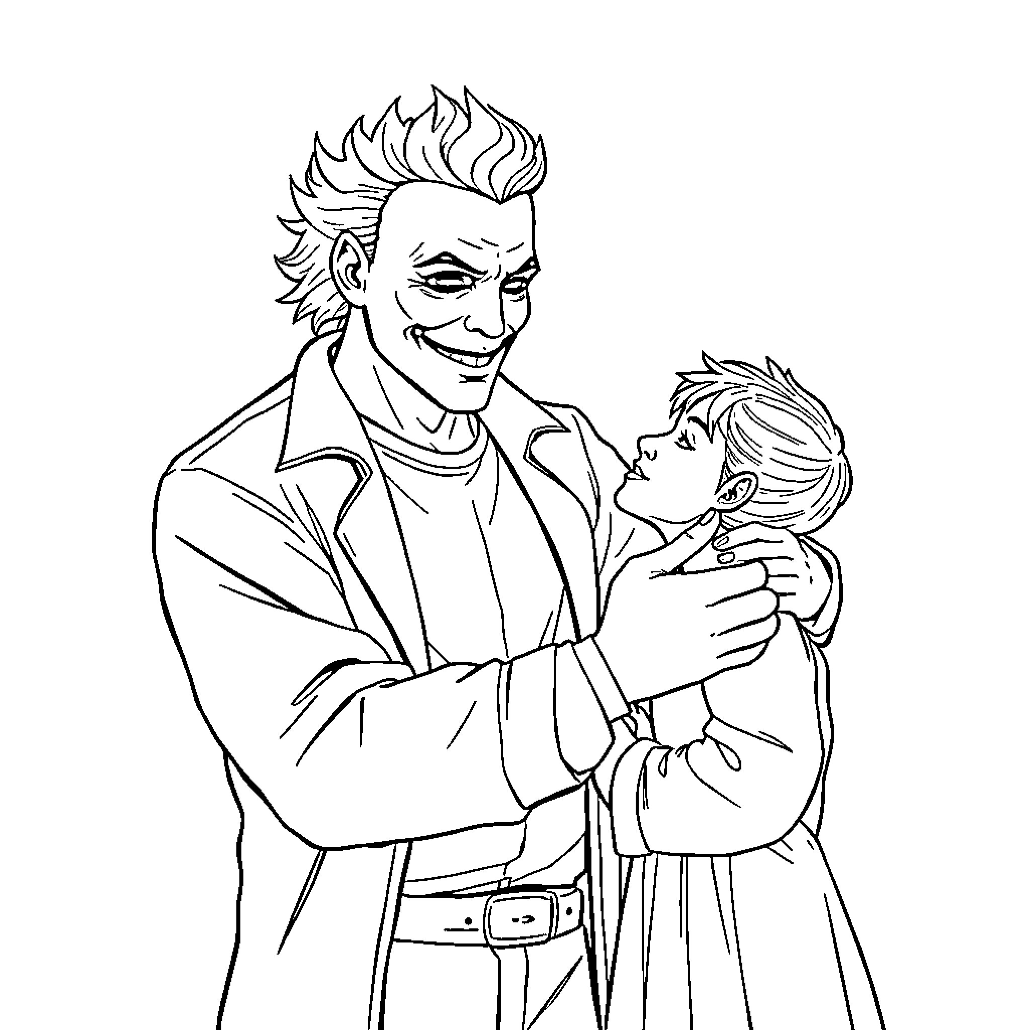 Michael Myers comforts young boy in tender moment Coloring Page (free black-and-white line drawing printable PDF for all, from beginners to advanced learners, including children, teens, adults, and seniors)