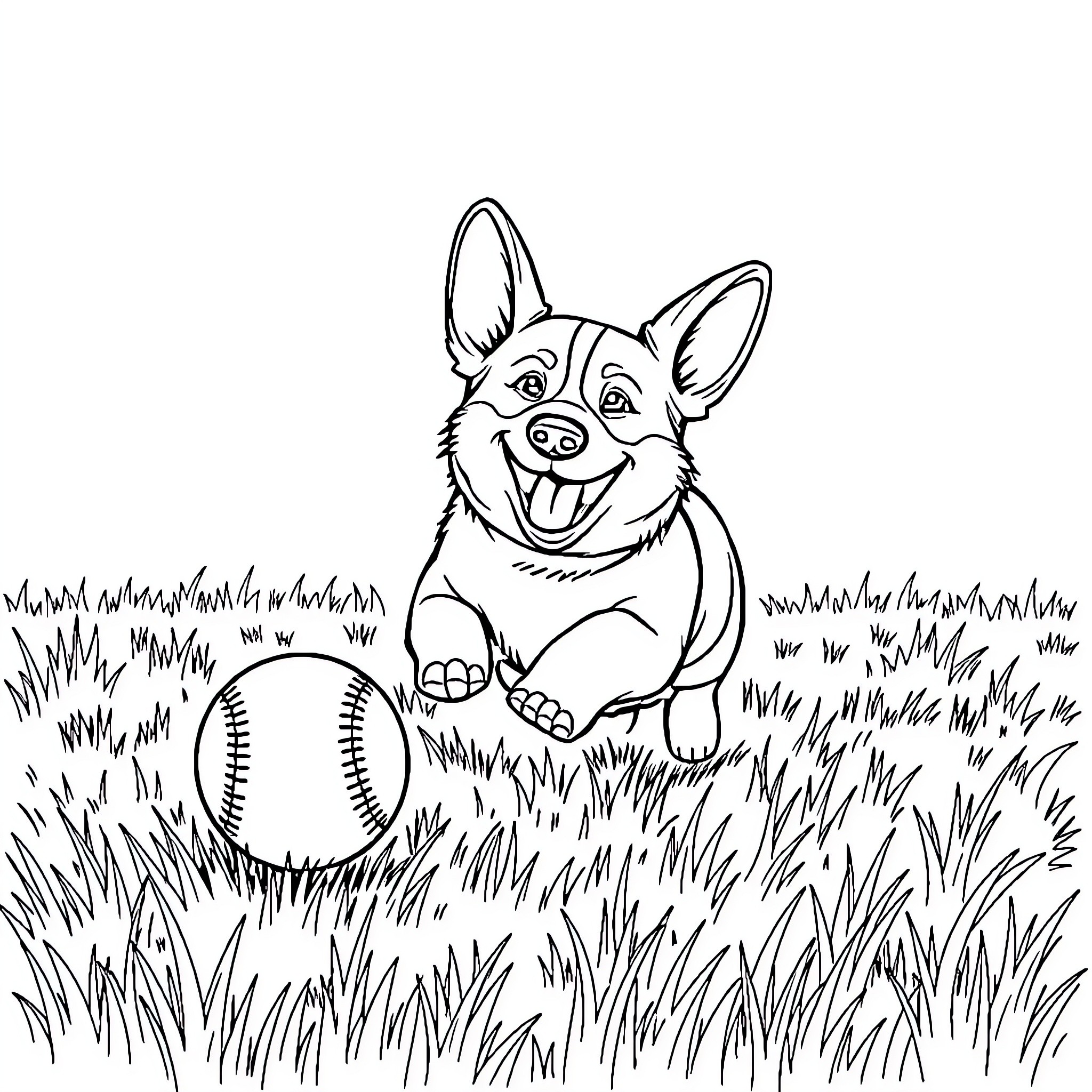 Corgi playing happily with a baseball in the grass Coloring Page (free black-and-white line drawing printable PDF for all, from beginners to advanced learners, including children, teens, adults, and seniors)