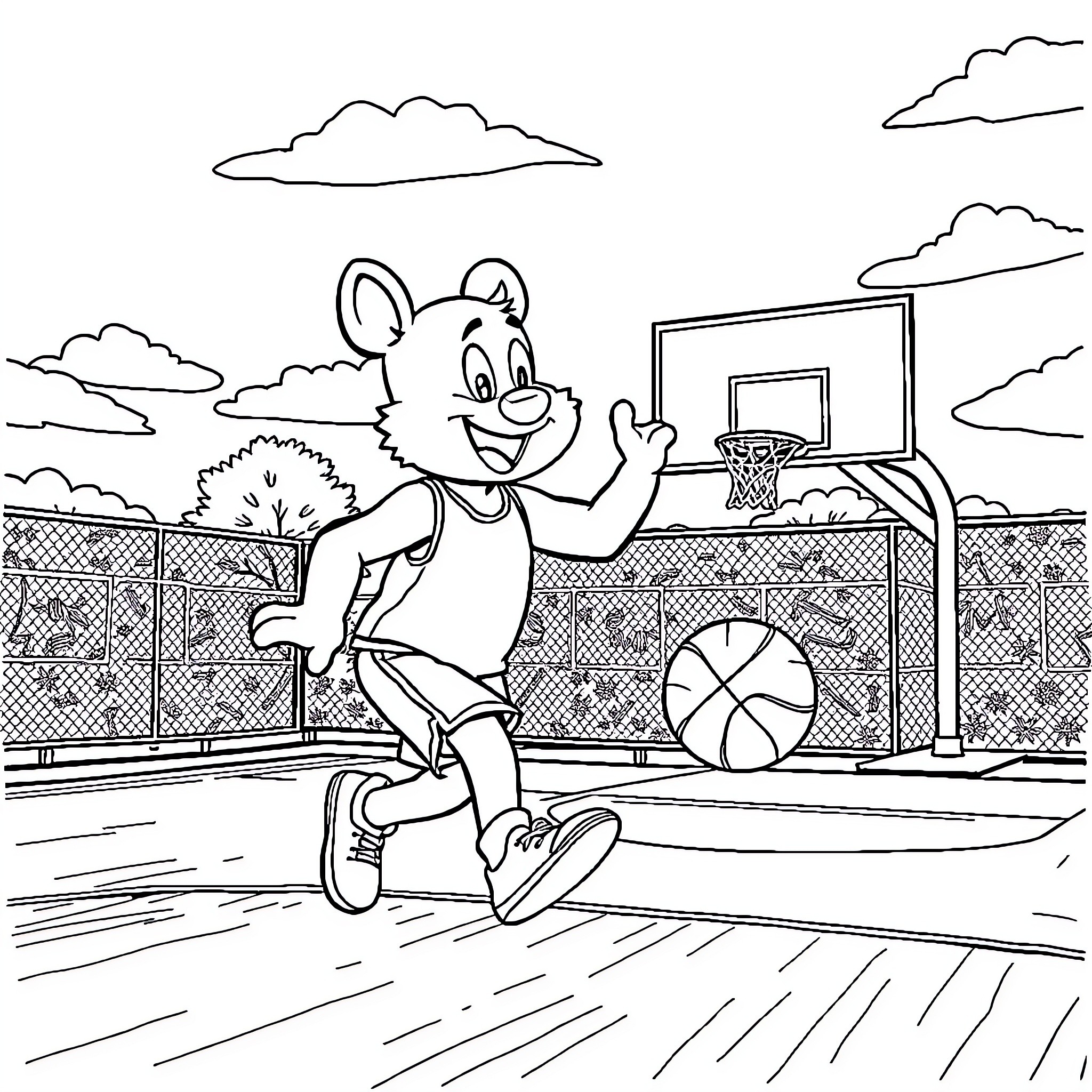 Bluey playing basketball with excitement Coloring Page (free black-and-white line drawing printable PDF for all, from beginners to advanced learners, including children, teens, adults, and seniors)