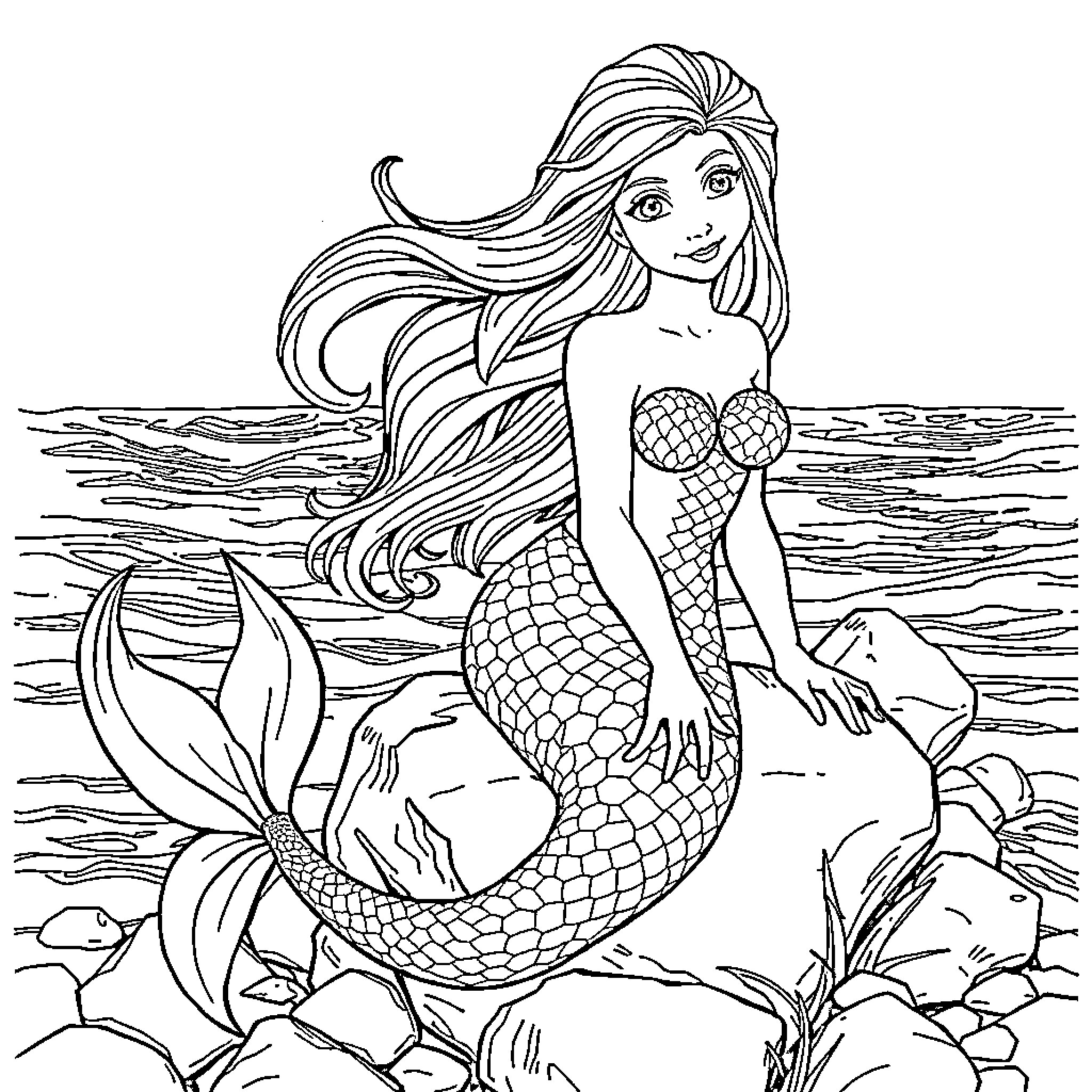 Mermaid enjoying the sea Coloring Page (free black-and-white line drawing printable PDF for all, from beginners to advanced learners, including children, teens, adults, and seniors)