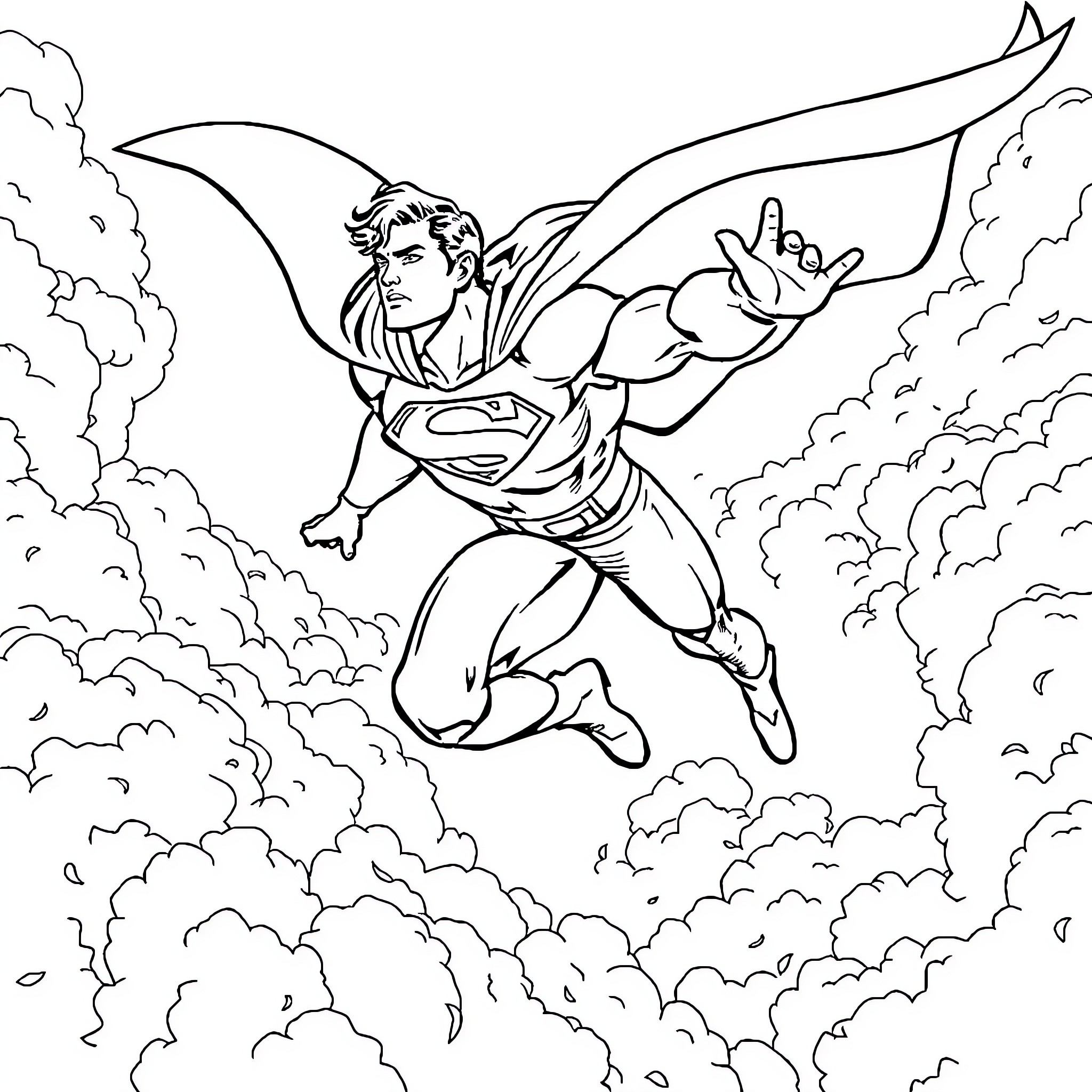 Superman soaring through the skies with determination Coloring Page (free black-and-white line drawing printable PDF for all, from beginners to advanced learners, including children, teens, adults, and seniors)