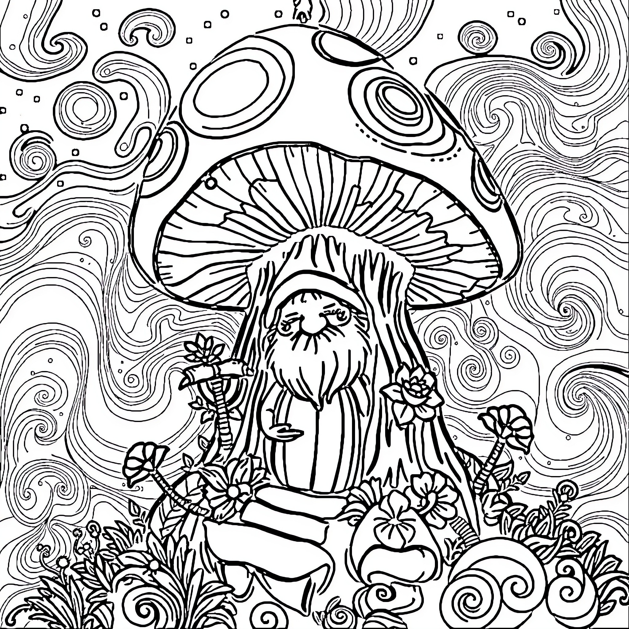 Gnome Contemplating Whimsical Mushroom Landscape Coloring Page (free black-and-white line drawing printable PDF for all, from beginners to advanced learners, including children, teens, adults, and seniors)