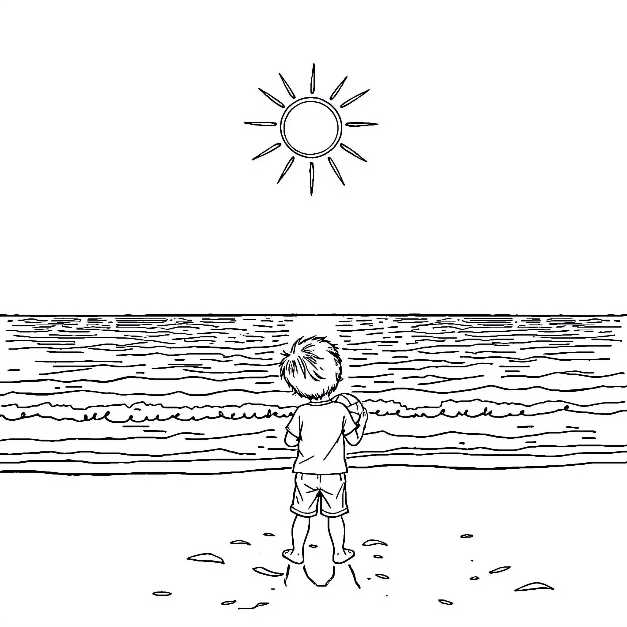 Boy gazing at the sun and sea Coloring Page (free black-and-white line drawing printable PDF for all, from beginners to advanced learners, including children, teens, adults, and seniors)