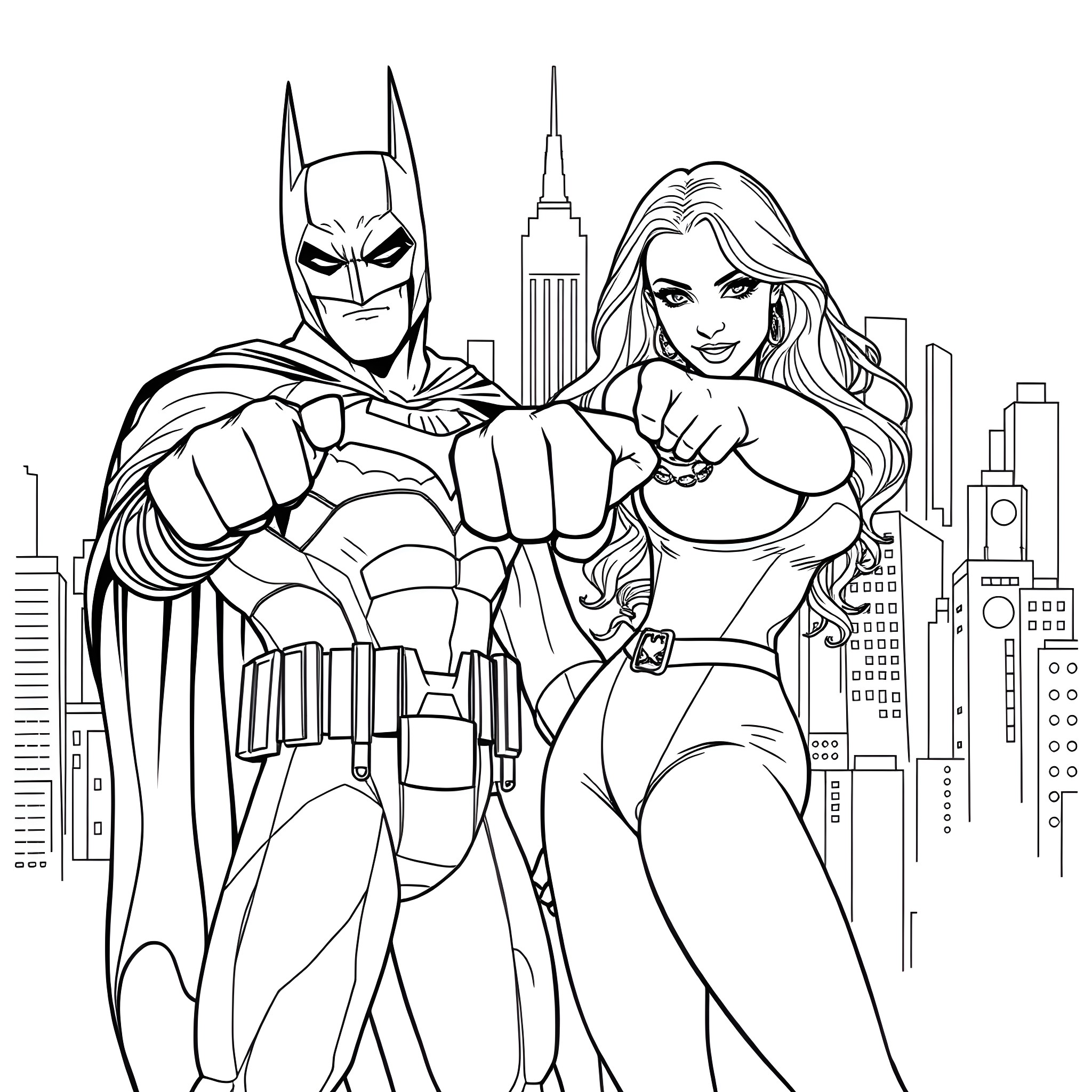 Britney Spears and Batman standing together in a city Coloring Page (free black-and-white line drawing printable PDF for all, from beginners to advanced learners, including children, teens, adults, and seniors)
