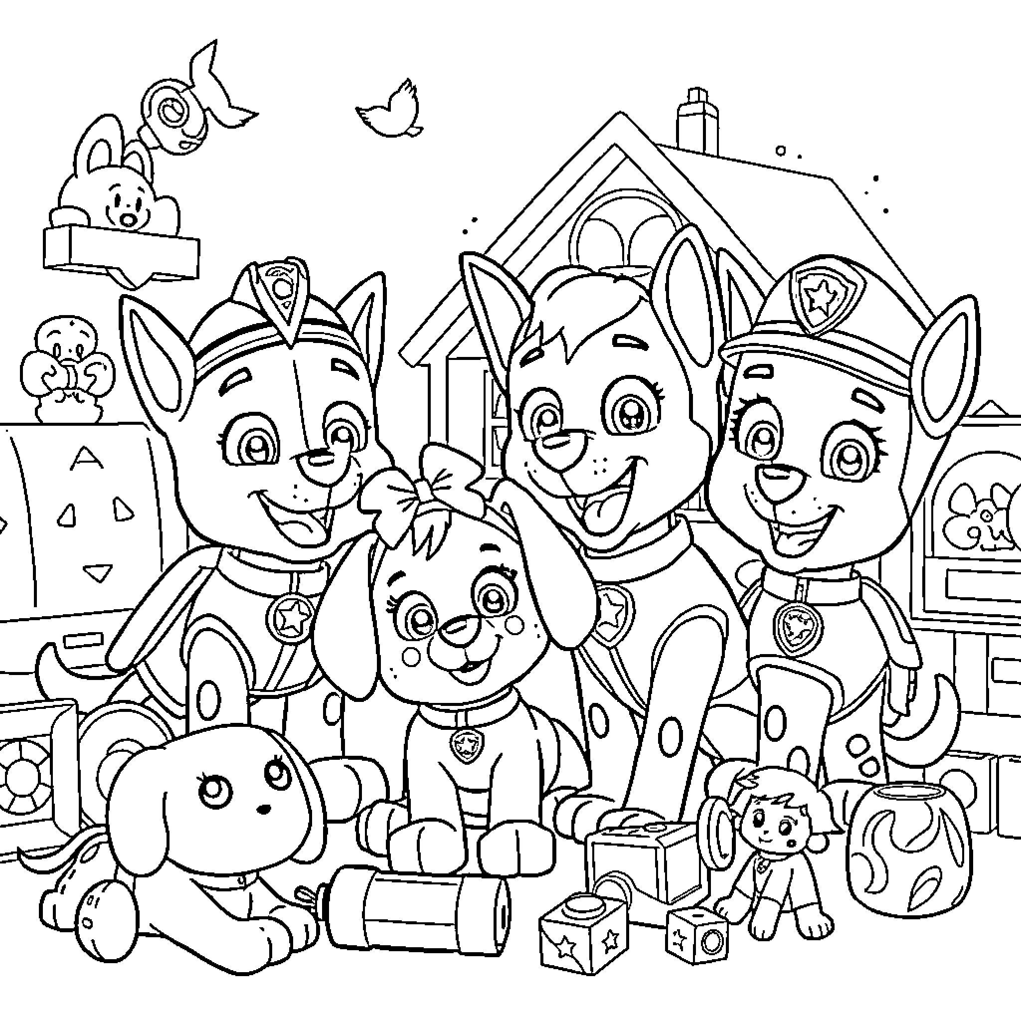 Paw Patrol characters in an exciting scene Coloring Page (free black-and-white line drawing printable PDF for all, from beginners to advanced learners, including children, teens, adults, and seniors)