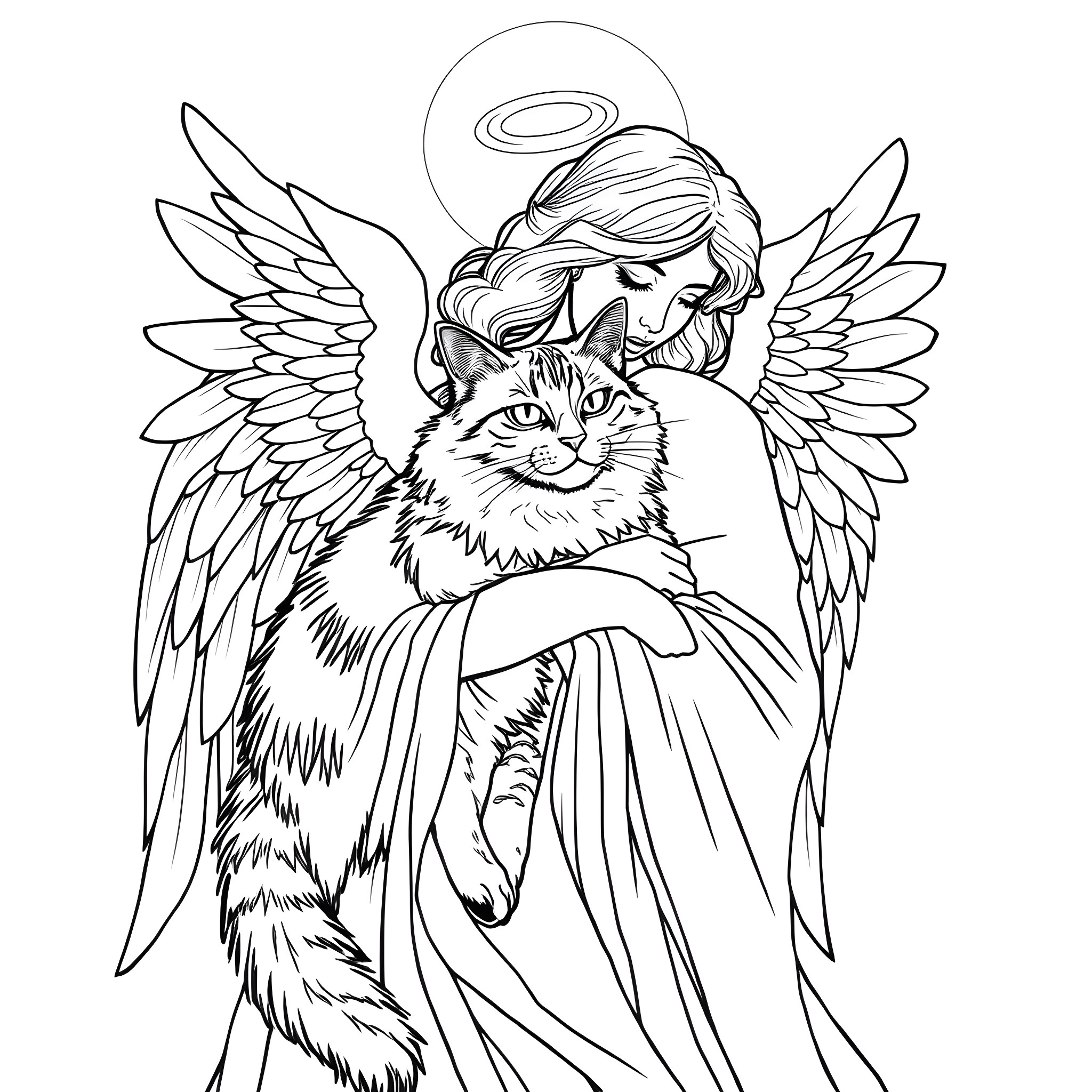 Angel holding a heavenly cat Coloring Page (free black-and-white line drawing printable PDF for all, from beginners to advanced learners, including children, teens, adults, and seniors)