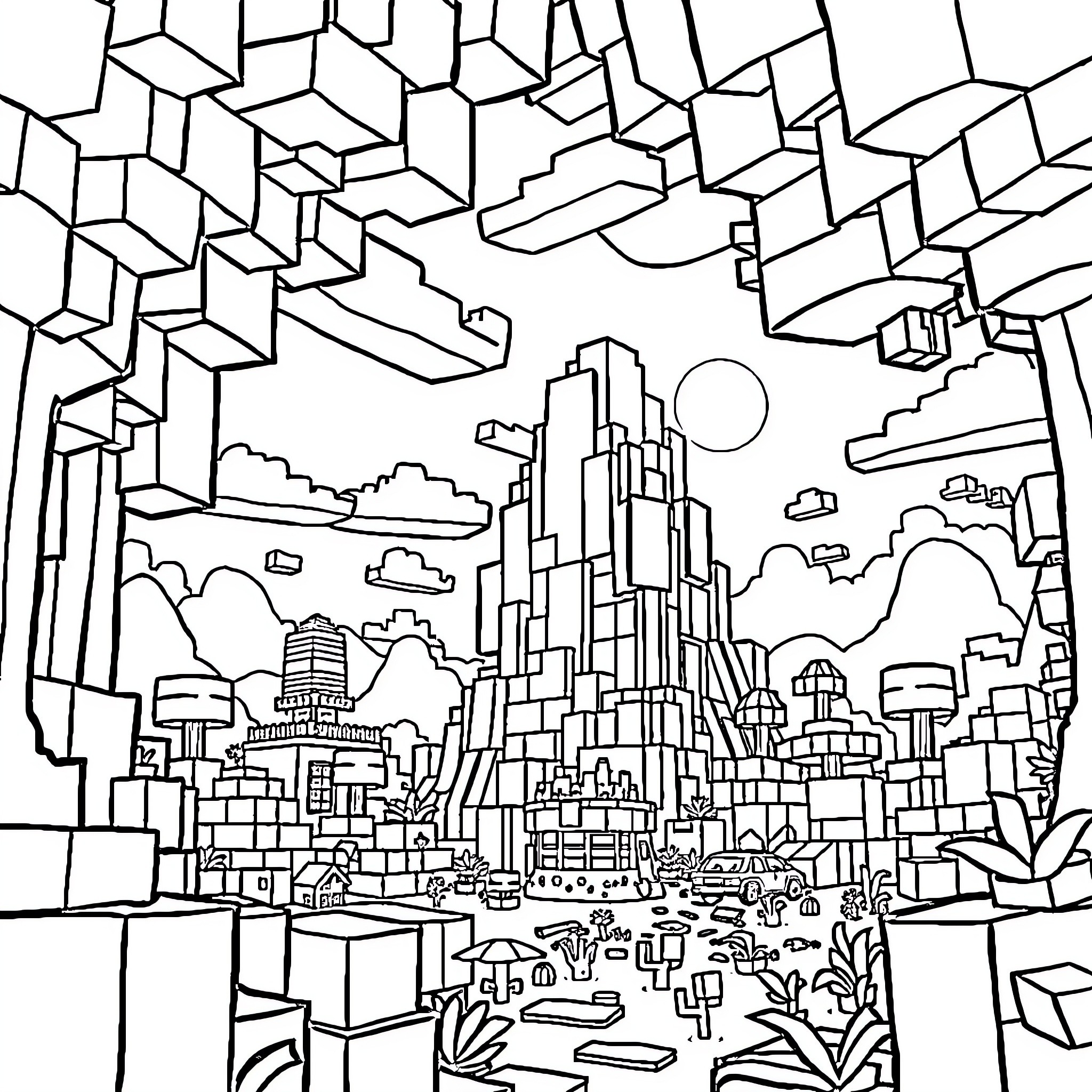 Minecraft Geometric Metropolis Landscape Coloring Page (free black-and-white line drawing printable PDF for all, from beginners to advanced learners, including children, teens, adults, and seniors)