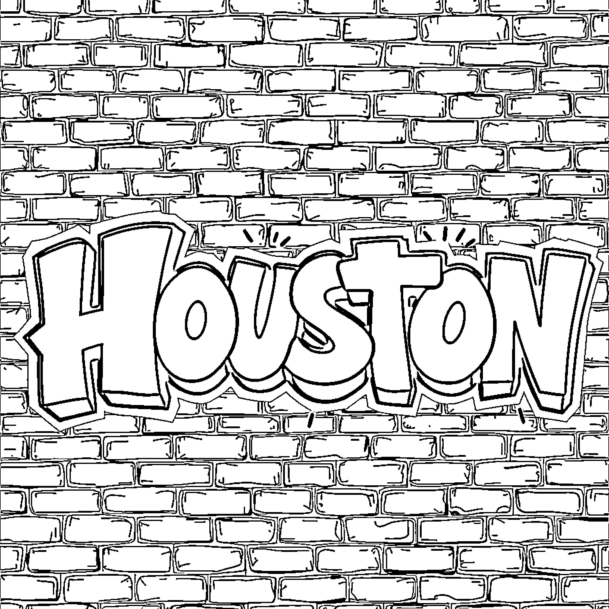 Houston graffiti on brick wall Coloring Page (free black-and-white line drawing printable PDF for all, from beginners to advanced learners, including children, teens, adults, and seniors)
