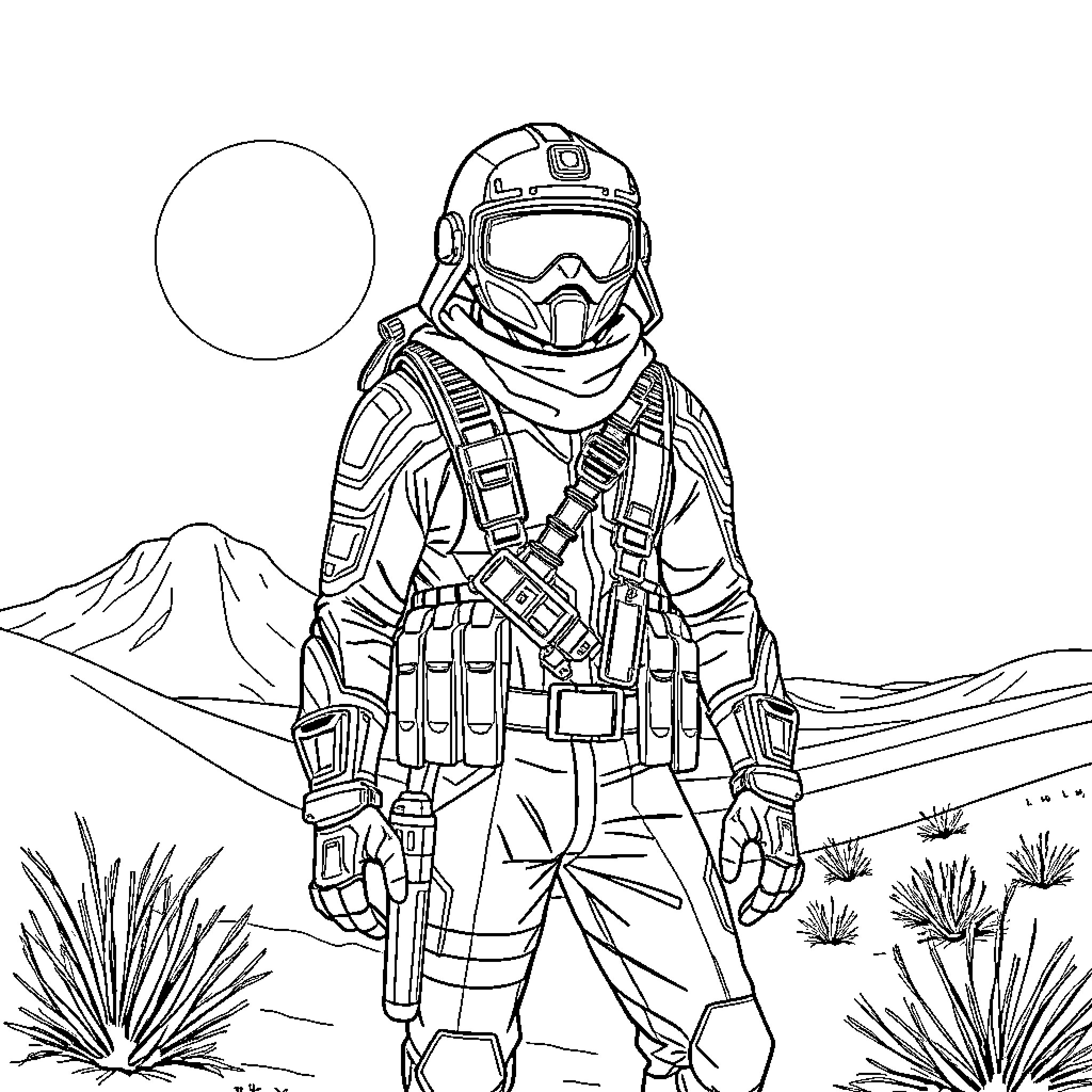 Ranger surveying the rugged terrain with determination Coloring Page (free black-and-white line drawing printable PDF for all, from beginners to advanced learners, including children, teens, adults, and seniors)