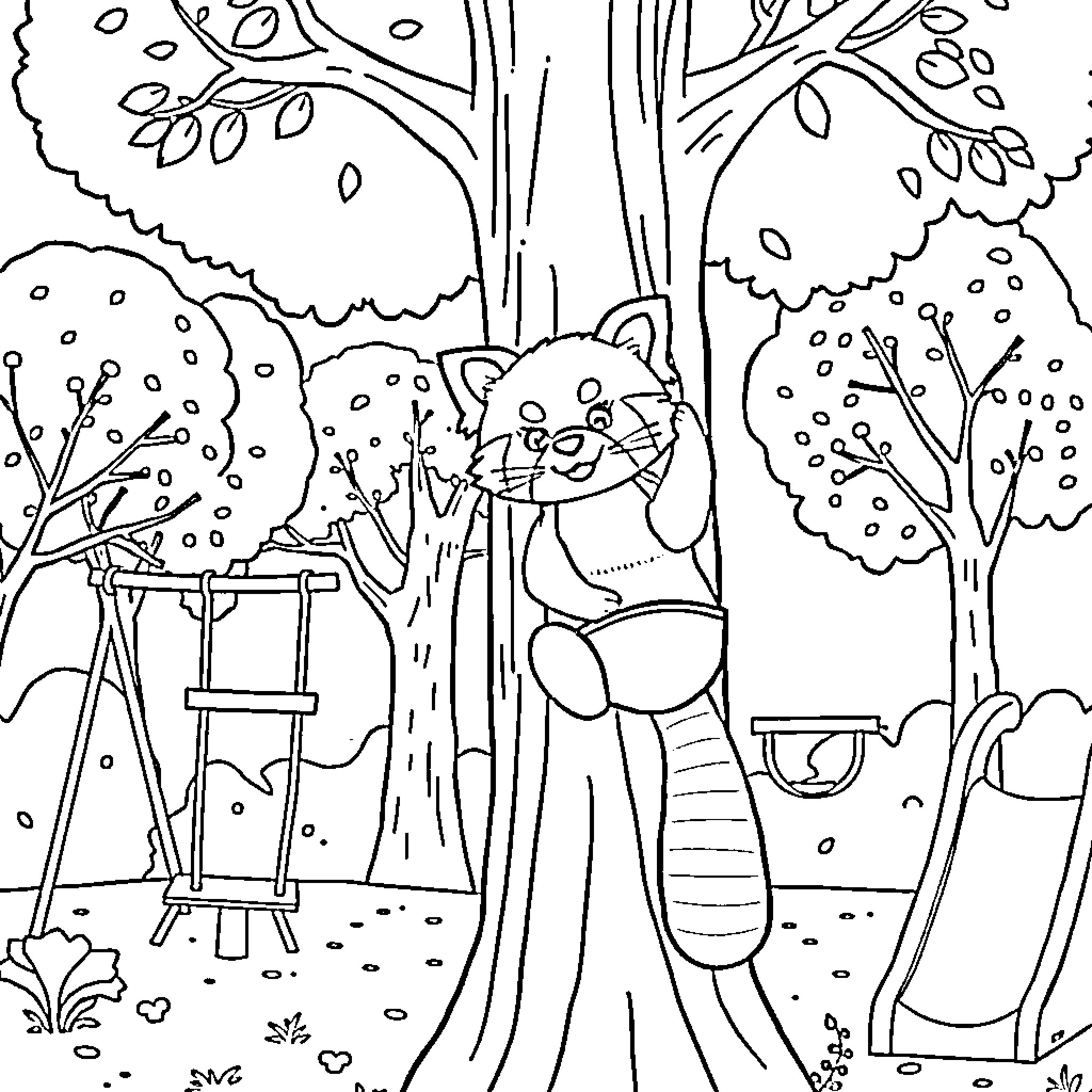 Panda painting in the forest Coloring Page (free black-and-white line drawing printable PDF for all, from beginners to advanced learners, including children, teens, adults, and seniors)