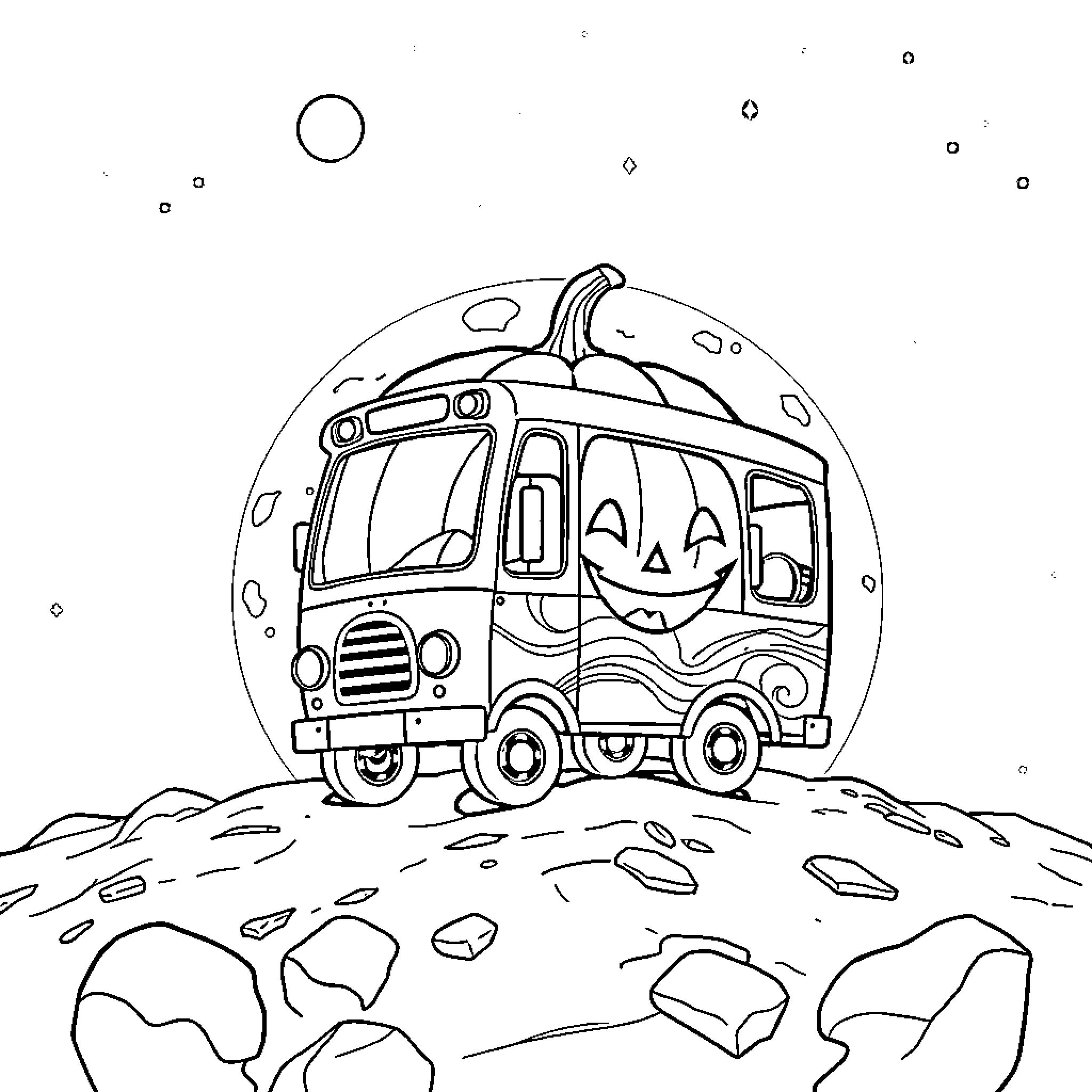 Pumpkin-shaped van exploring the rocky terrain Coloring Page (free black-and-white line drawing printable PDF for all, from beginners to advanced learners, including children, teens, adults, and seniors)