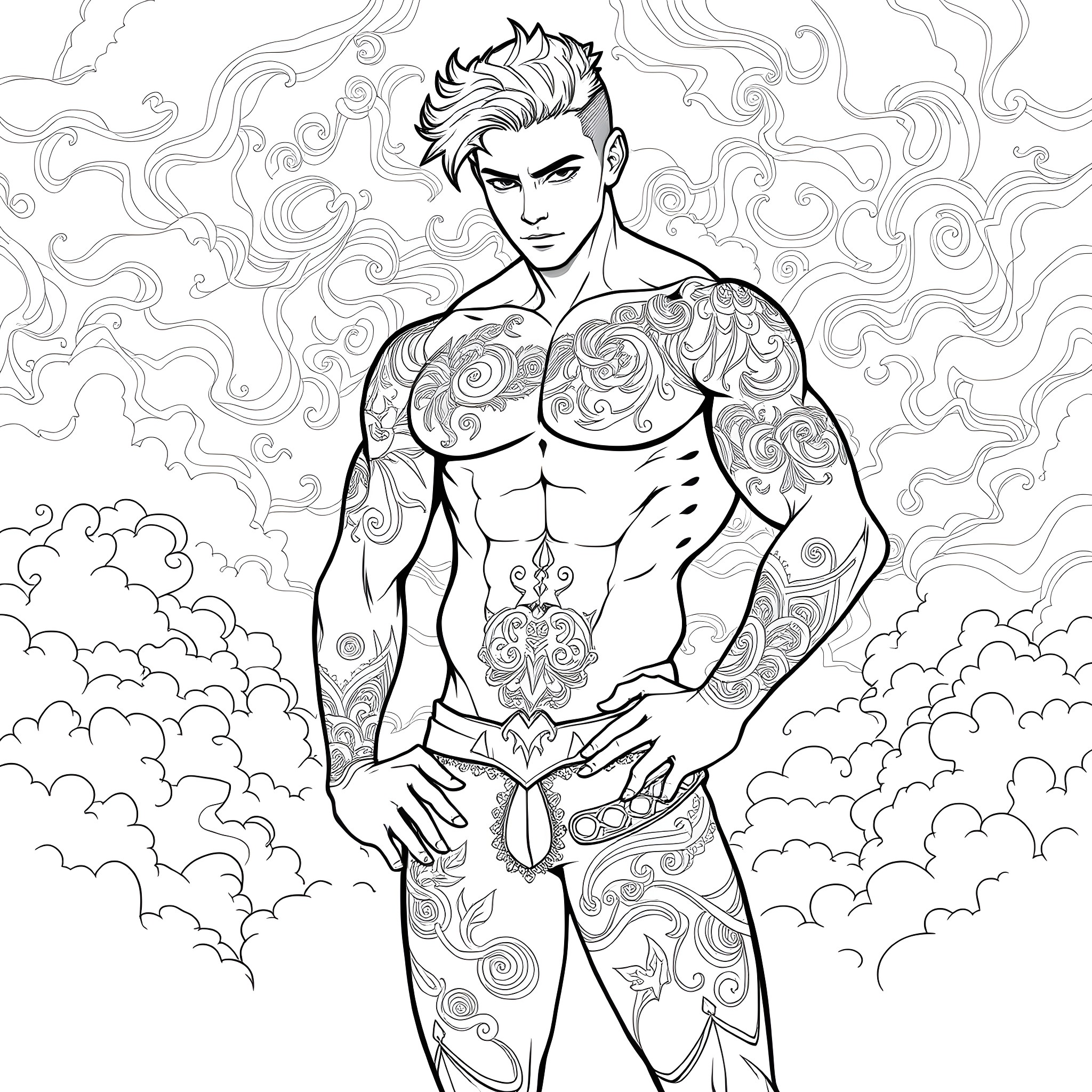 Rhysand's Confident and Tattooed Pose Coloring Page (free black-and-white line drawing printable PDF for all, from beginners to advanced learners, including children, teens, adults, and seniors)