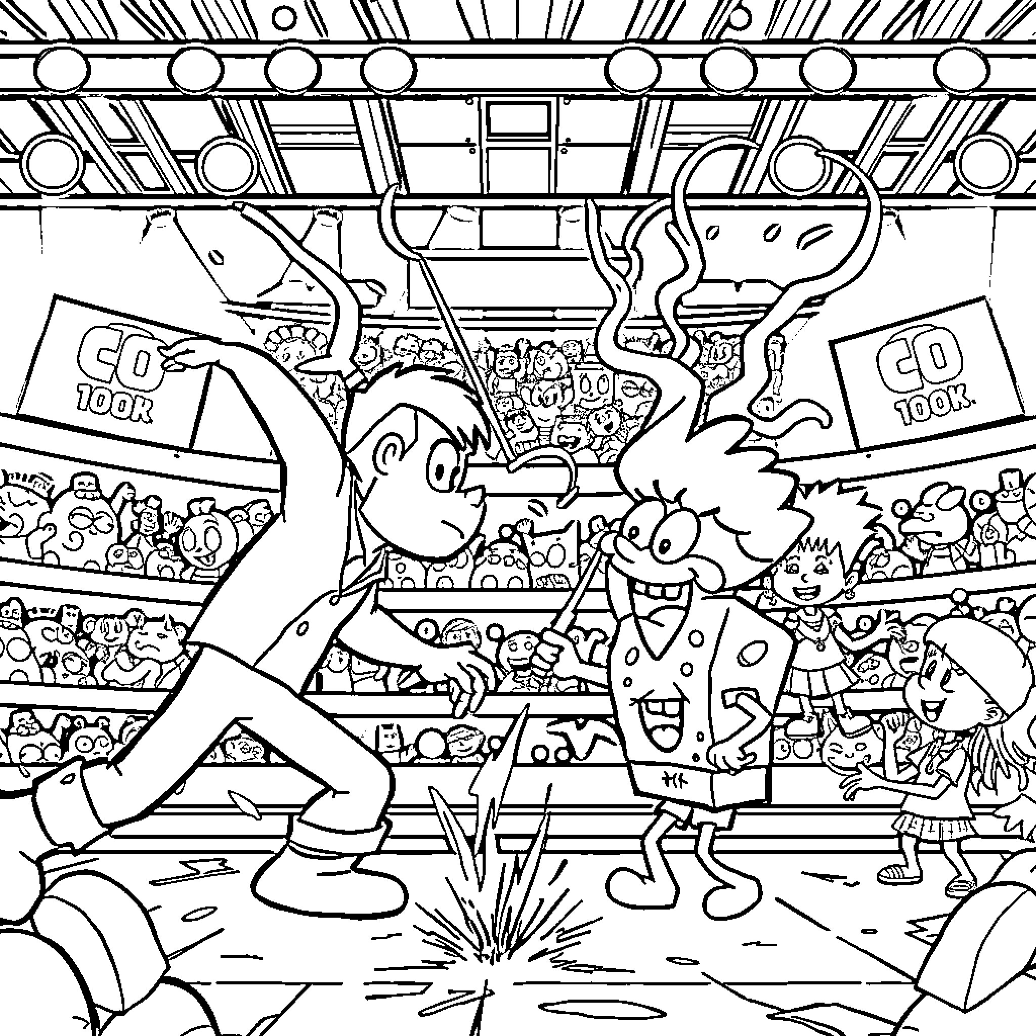 Character Celebrating Victory in Sports Arena Coloring Page (free black-and-white line drawing printable PDF for all, from beginners to advanced learners, including children, teens, adults, and seniors)