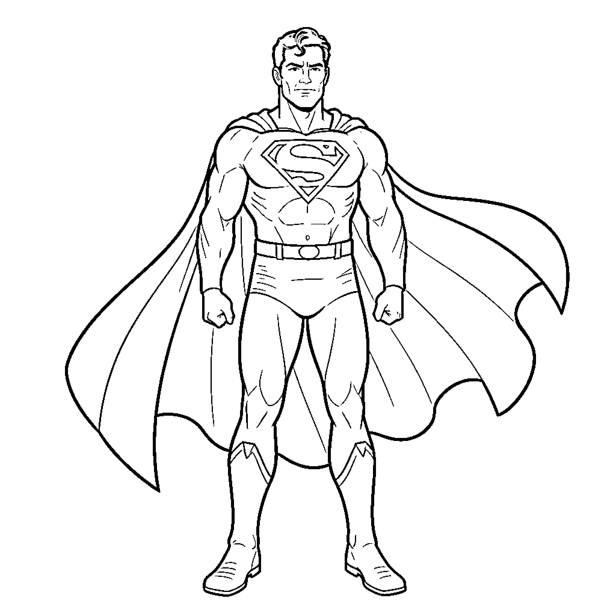 Superman standing heroically in his iconic superhero suit Coloring Page (free black-and-white line drawing printable PDF for all, from beginners to advanced learners, including children, teens, adults, and seniors)