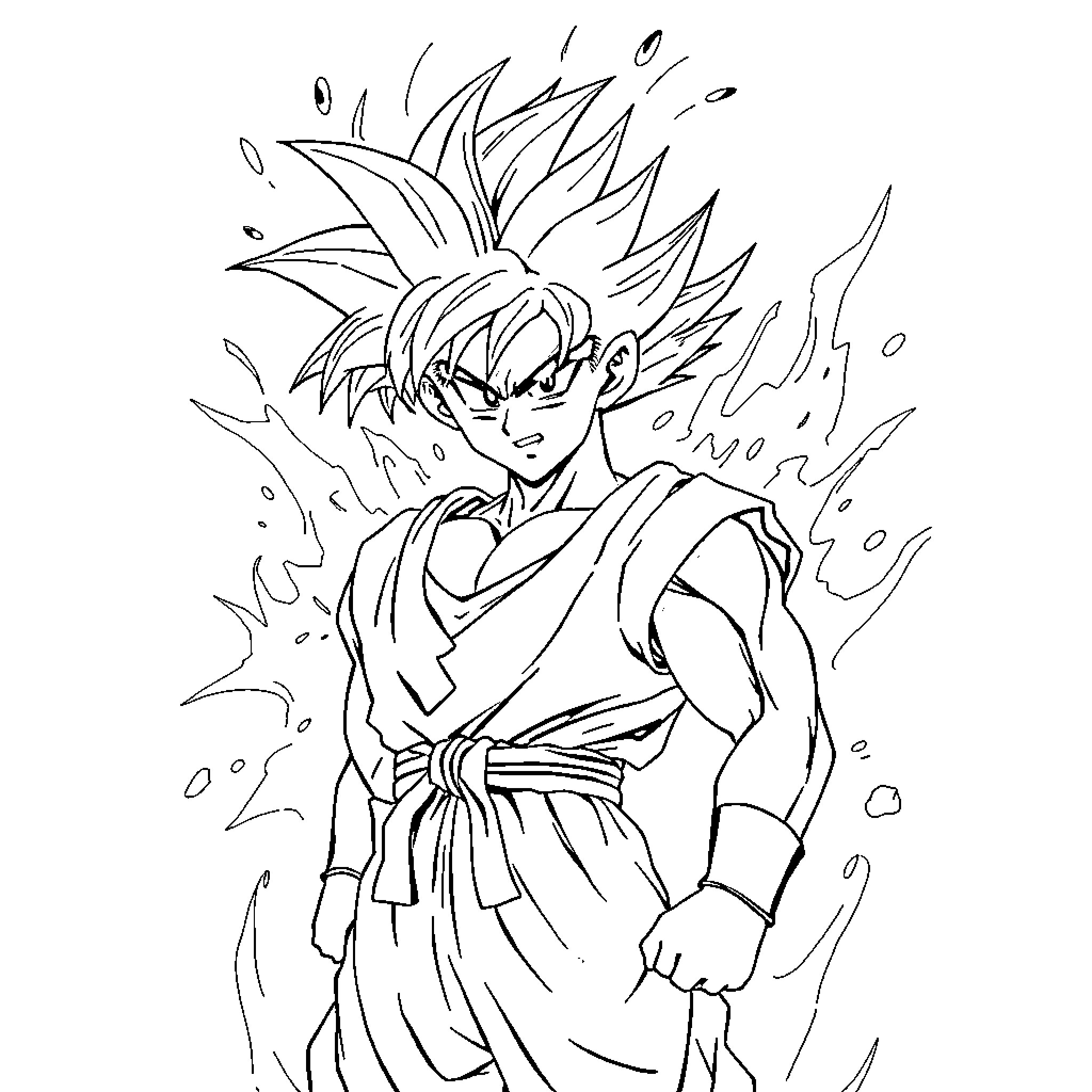 Goku in intense battle mode Coloring Page (free black-and-white line drawing printable PDF for all, from beginners to advanced learners, including children, teens, adults, and seniors)