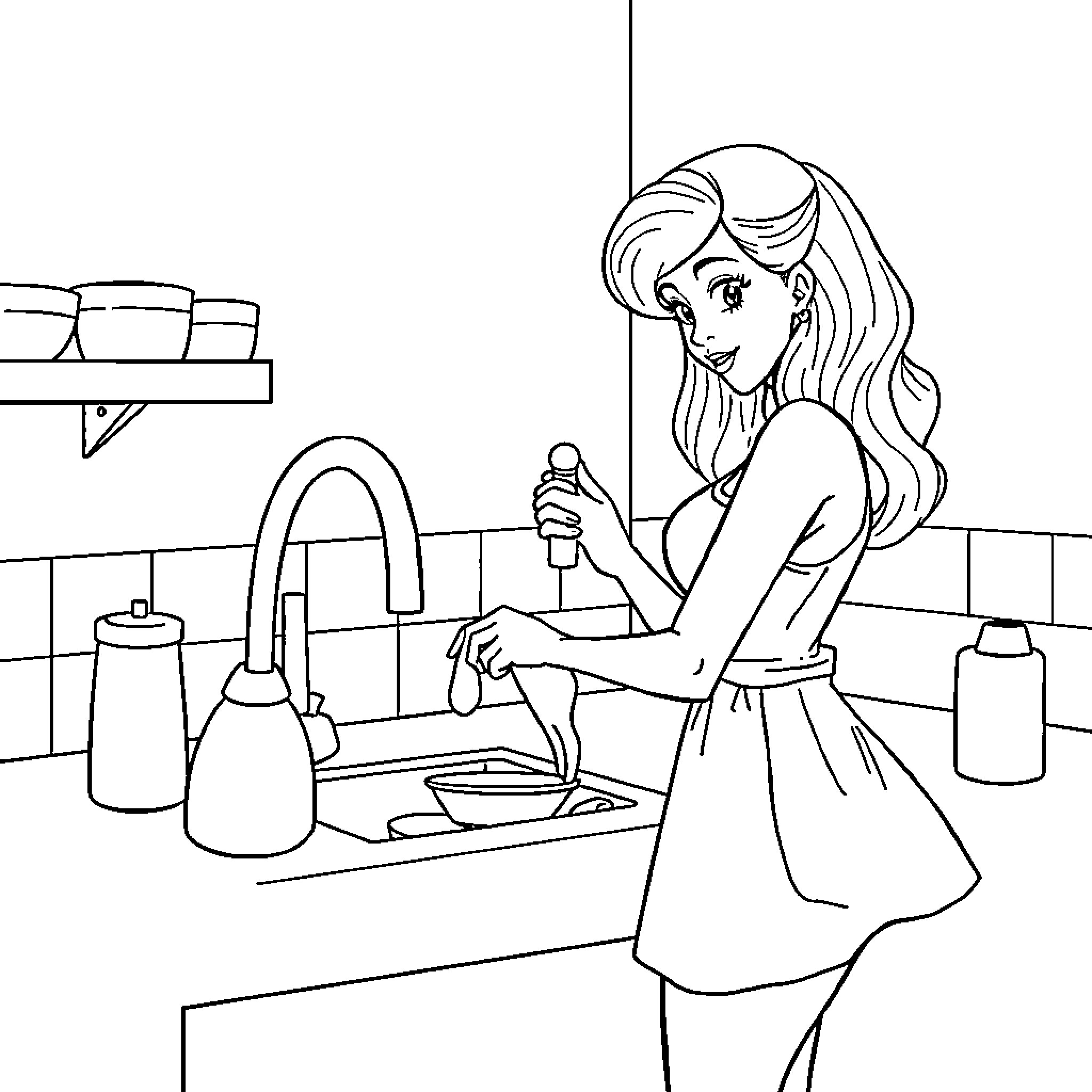 Huntrix cleaning up in the kitchen Coloring Page (free black-and-white line drawing printable PDF for all, from beginners to advanced learners, including children, teens, adults, and seniors)