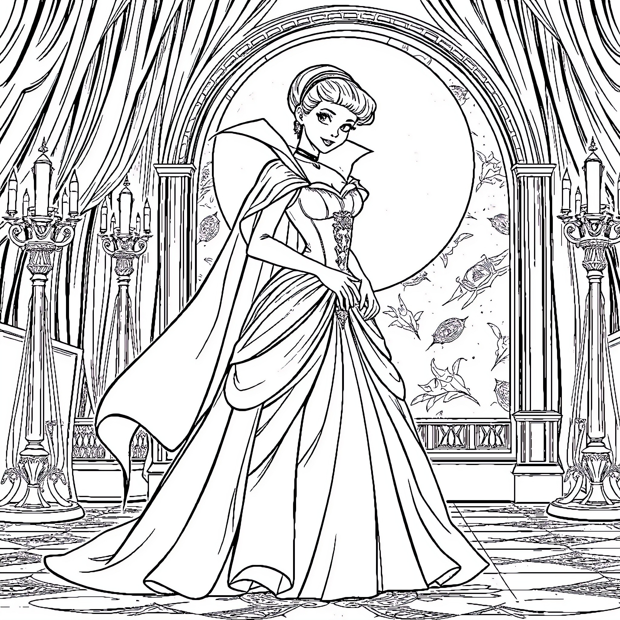 Cinderella's Elegant Ball Gown and Ballroom Scene Coloring Page (free black-and-white line drawing printable PDF for all, from beginners to advanced learners, including children, teens, adults, and seniors)