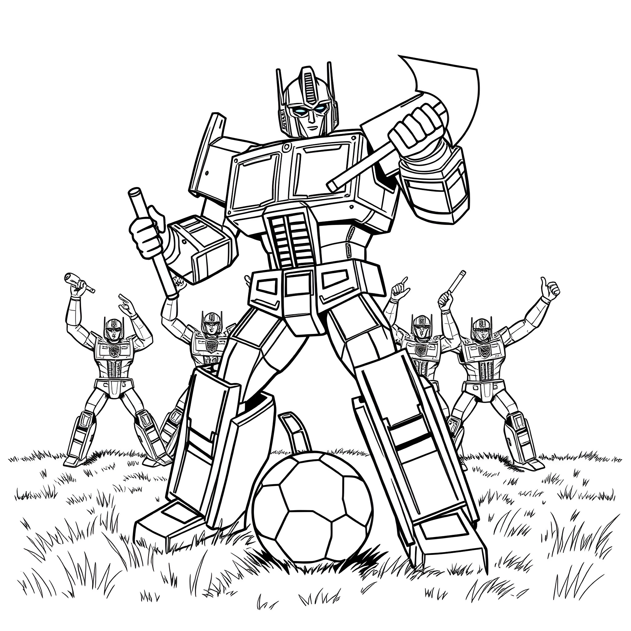 Optimus Prime Leads the Autobot Soccer Team Coloring Page (free black-and-white line drawing printable PDF for all, from beginners to advanced learners, including children, teens, adults, and seniors)