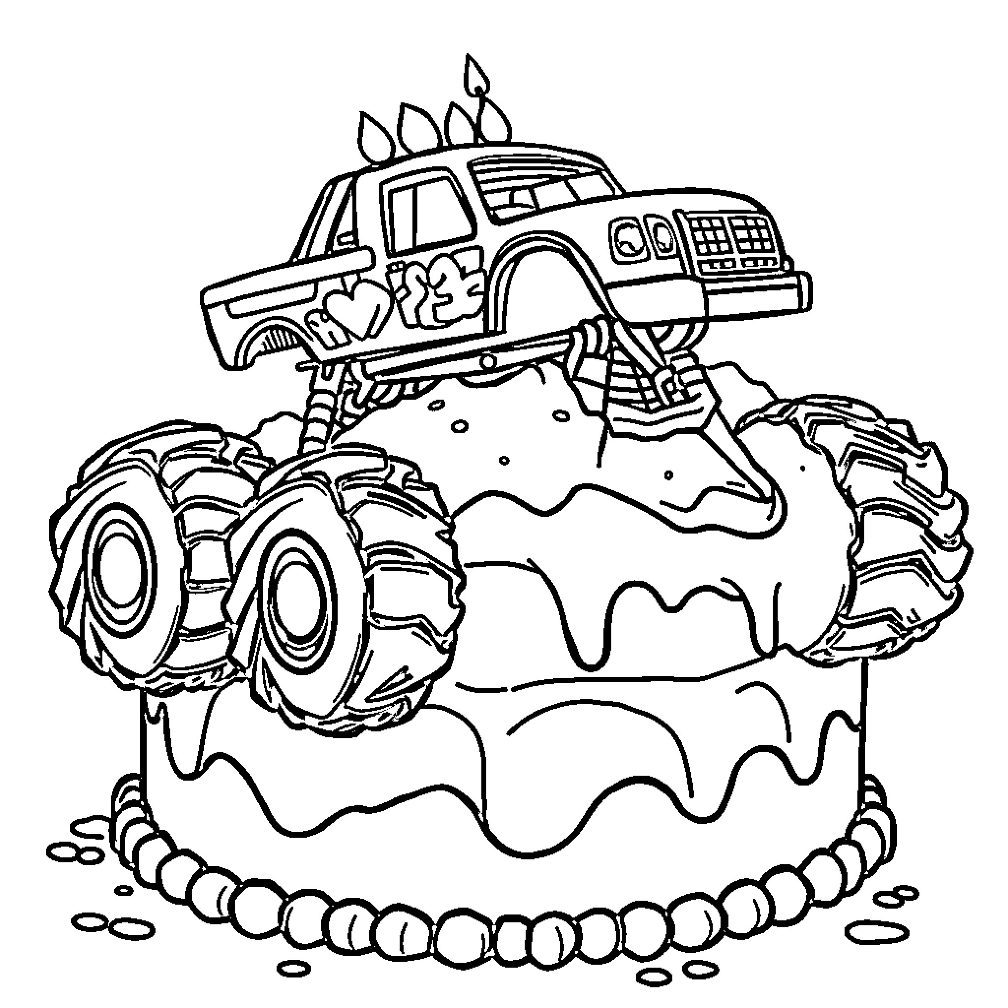 Monster Truck Crushing Delicious Cake Coloring Page (free black-and-white line drawing printable PDF for all, from beginners to advanced learners, including children, teens, adults, and seniors)