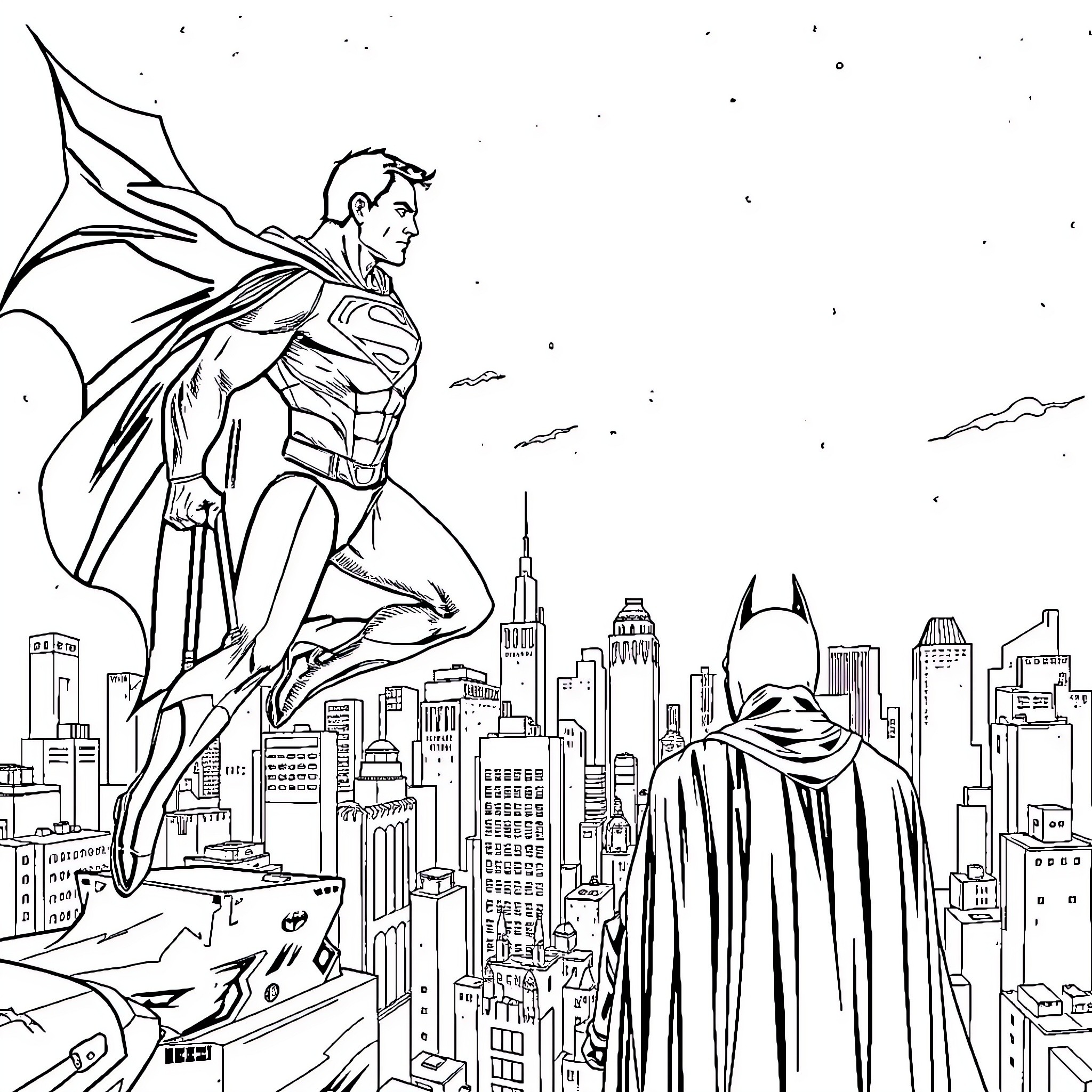 Superman surveying the city from above Coloring Page (free black-and-white line drawing printable PDF for all, from beginners to advanced learners, including children, teens, adults, and seniors)