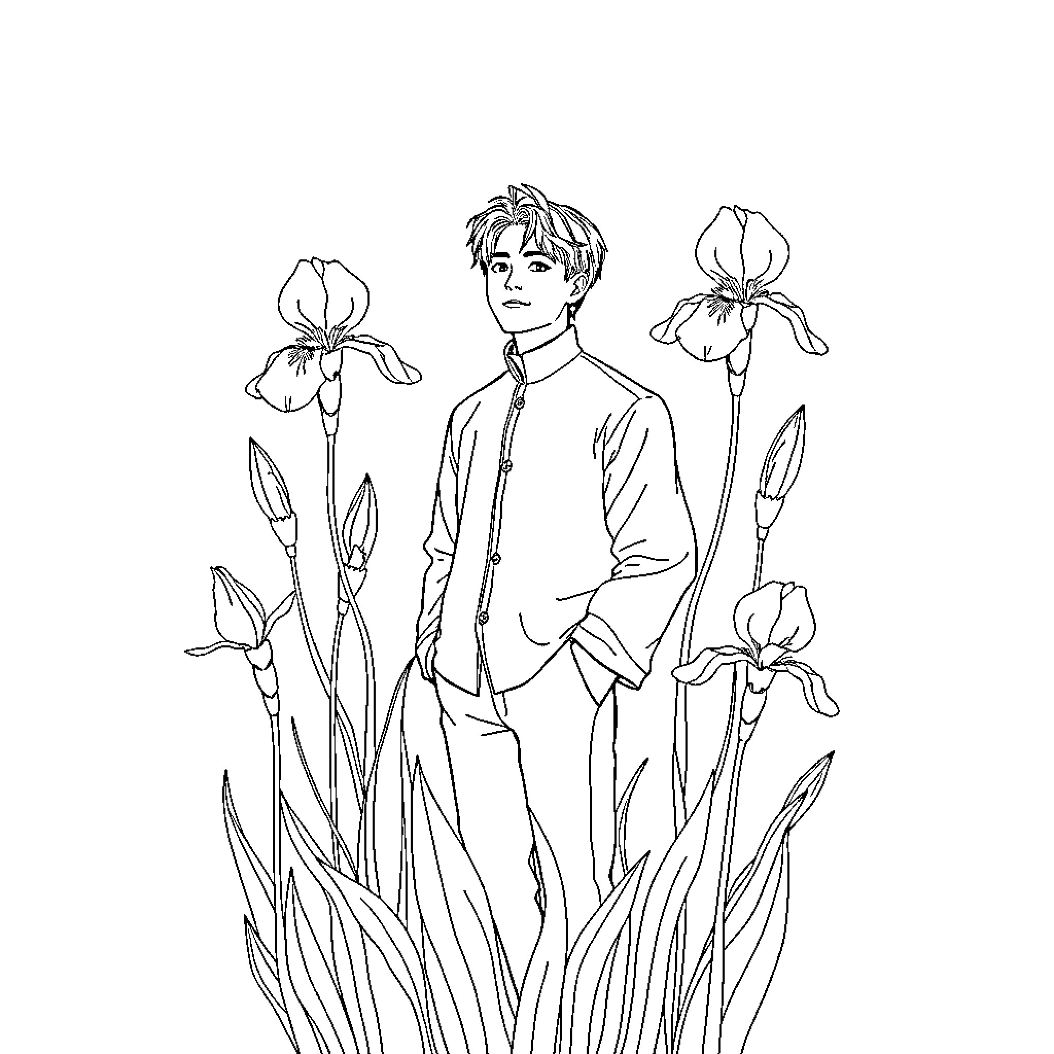 Rumi surrounded by blooming irises Coloring Page (free black-and-white line drawing printable PDF for all, from beginners to advanced learners, including children, teens, adults, and seniors)