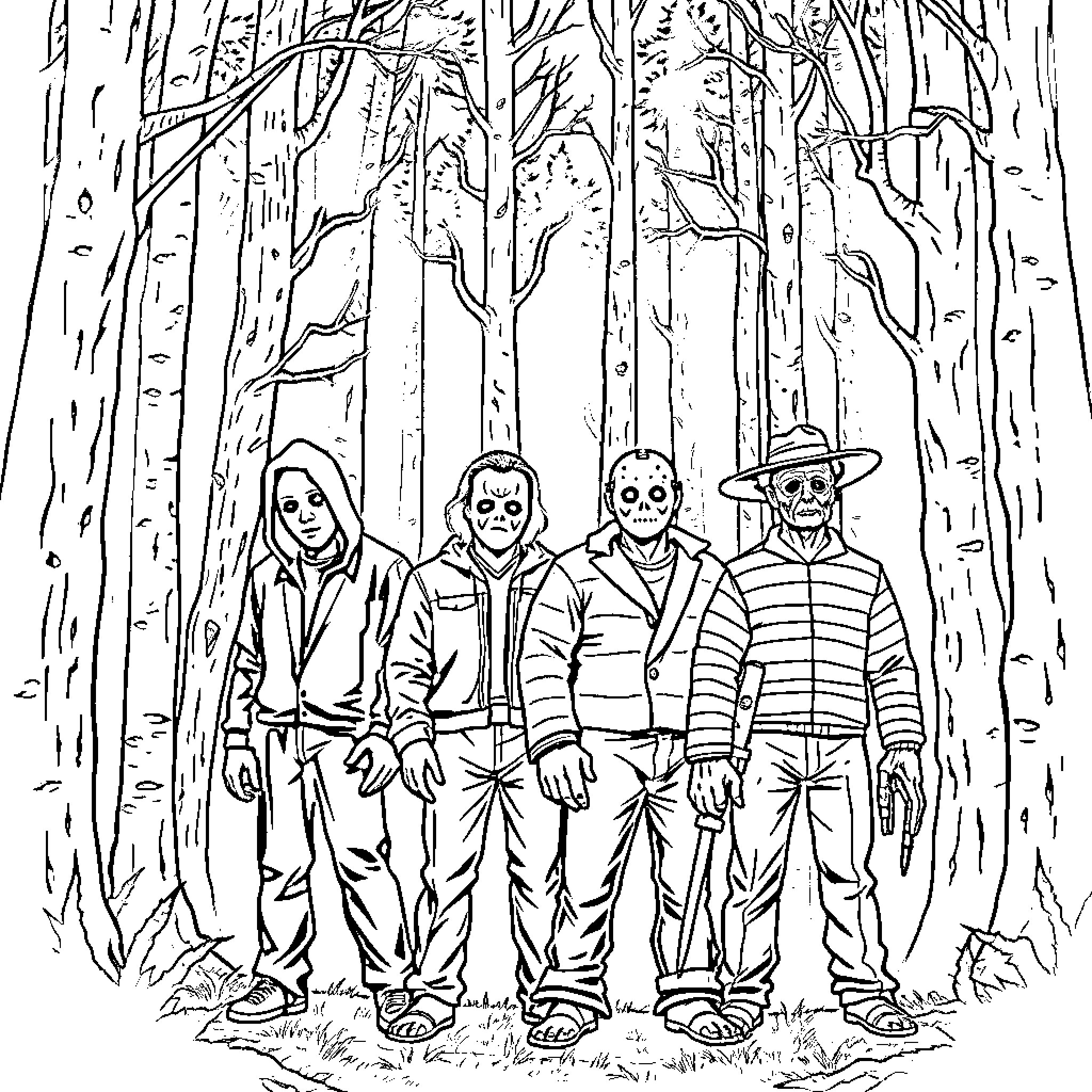 Horror Characters in a Spooky Forest Coloring Page (free black-and-white line drawing printable PDF for all, from beginners to advanced learners, including children, teens, adults, and seniors)