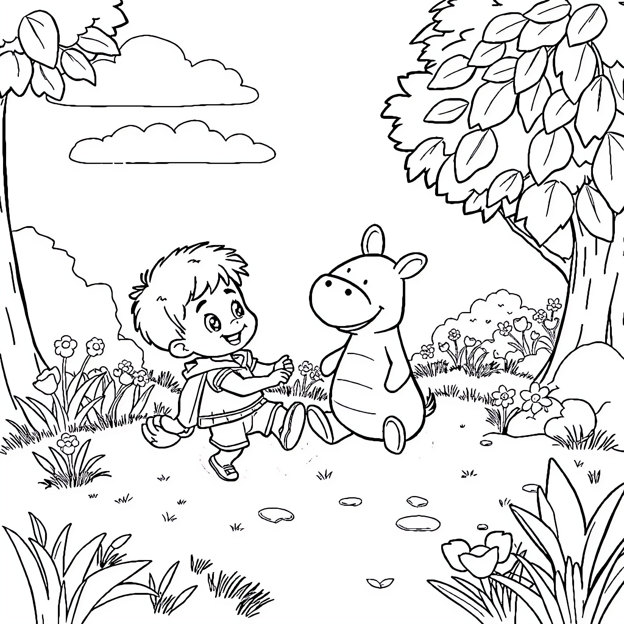 Doki Friends Playing Happily in the Nature Coloring Page (free black-and-white line drawing printable PDF for all, from beginners to advanced learners, including children, teens, adults, and seniors)