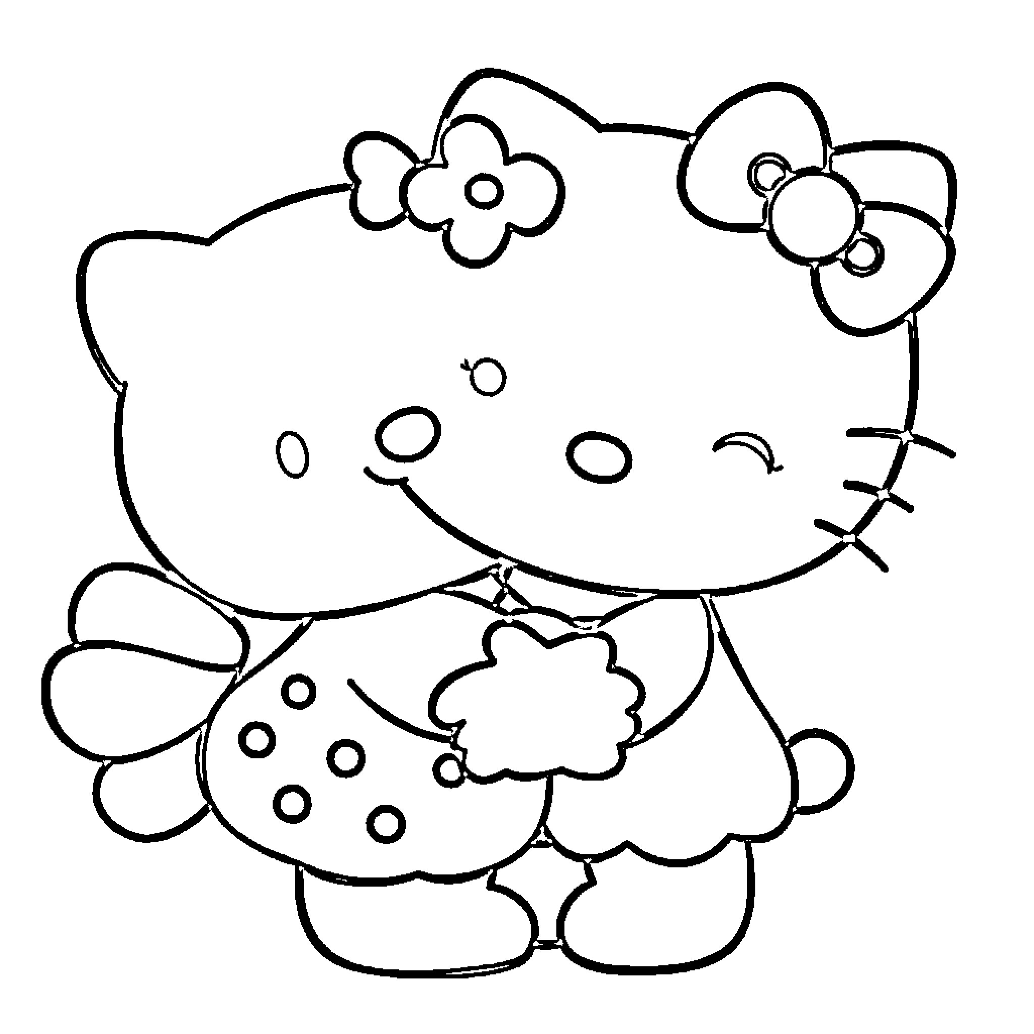 Hello Kitty playing with flowers Coloring Page (free black-and-white line drawing printable PDF for all, from beginners to advanced learners, including children, teens, adults, and seniors)