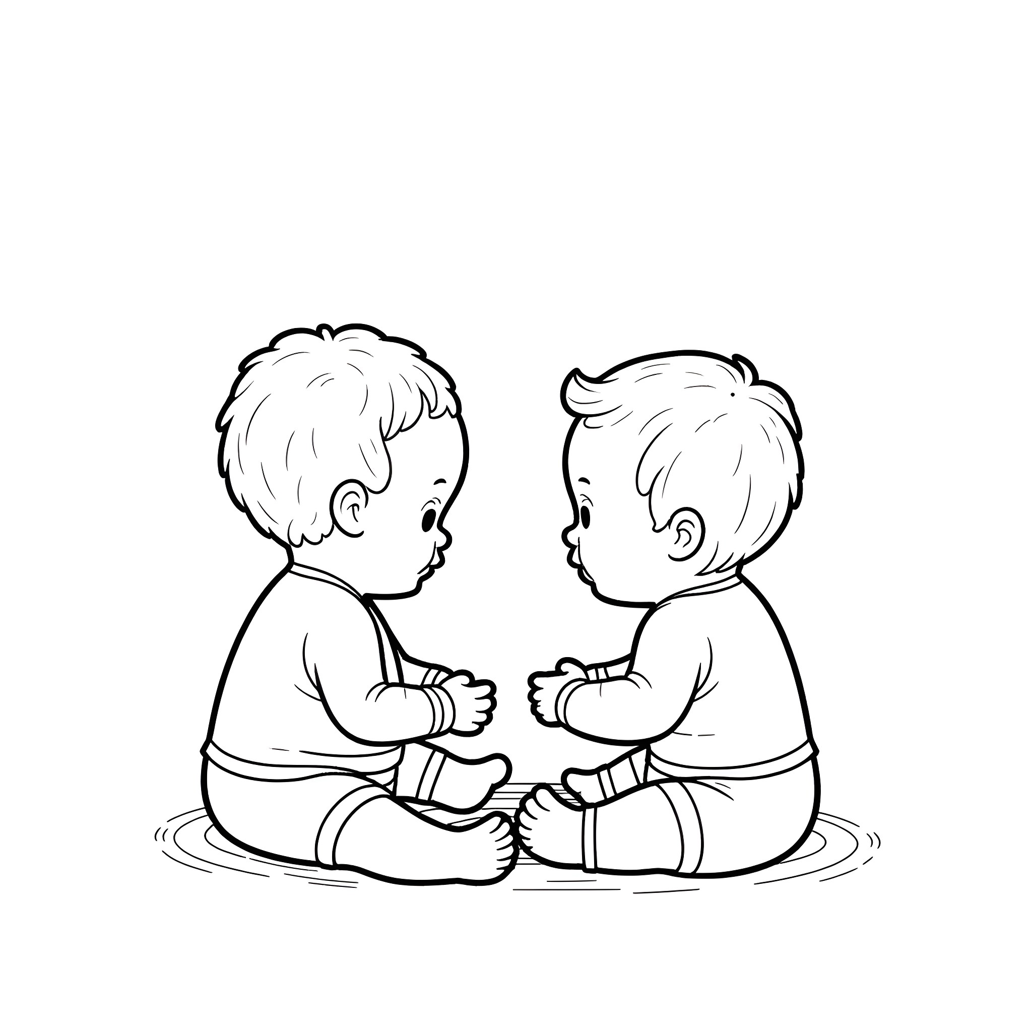 Baby boys playing and interacting with each other Coloring Page (free black-and-white line drawing printable PDF for all, from beginners to advanced learners, including children, teens, adults, and seniors)